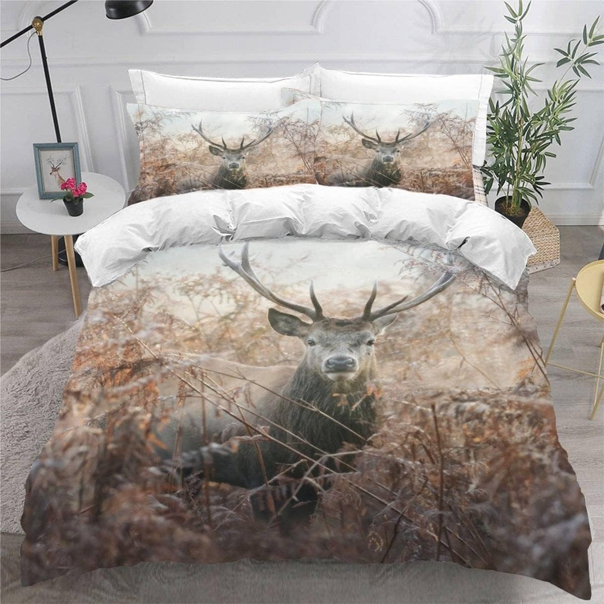 MEVASA King Bedding Set Deer 3d Printed Girls Boys Adults Soft Microfiber Fluffy Breathable Kingsize Duvet Cover Set Red Deer Bedding King Size with 2 Pillow Cases /230x220