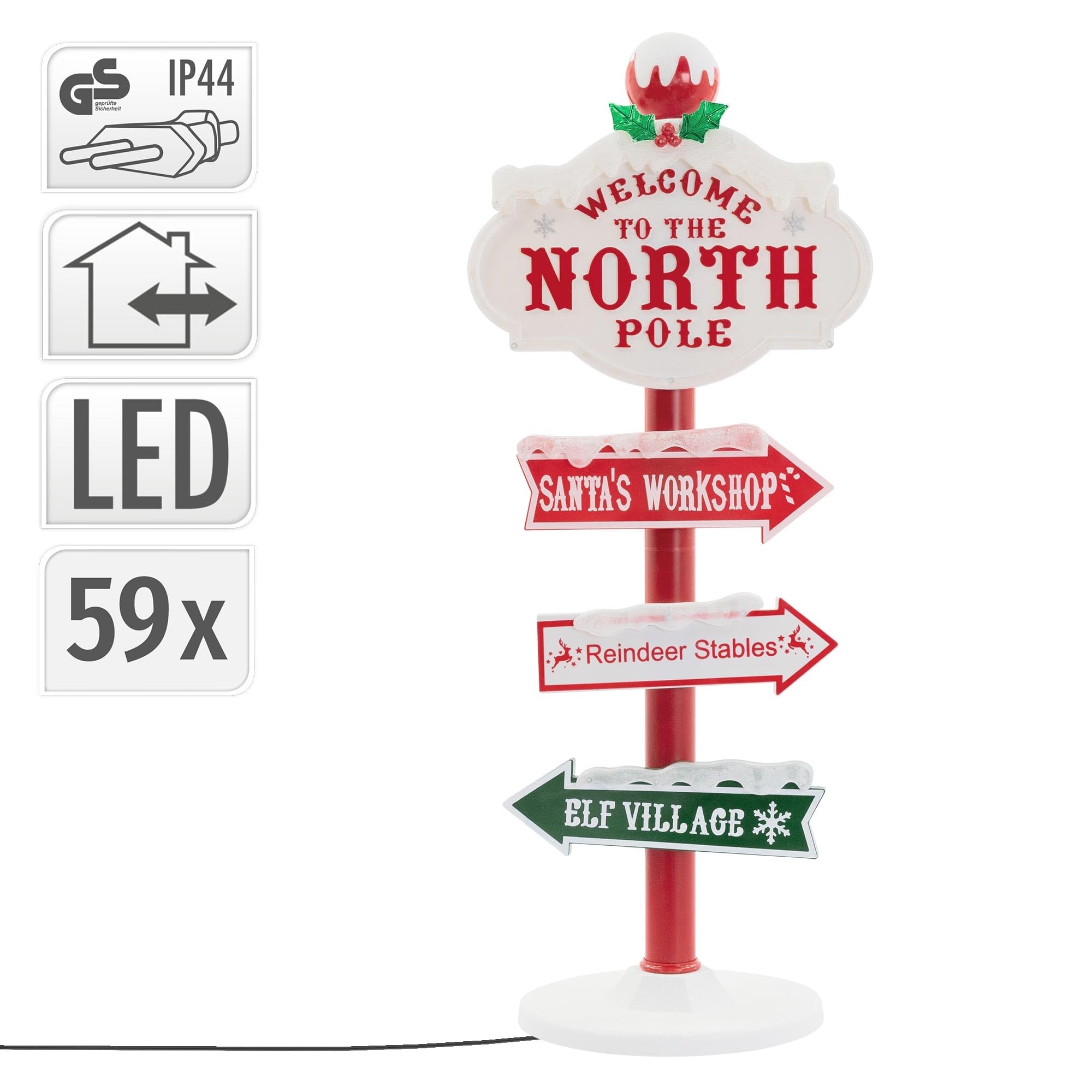 ECD Germany LED Weihnachtsdeko Wegweiser 95cm, 59 bunte LEDs, Nordpol Schild mit 4 beschrifteten Planken, Innen/Außen, Wetterfest, Garten Deko Weihnachten aus Kunststoff, Richtungsweiser beleuchtet