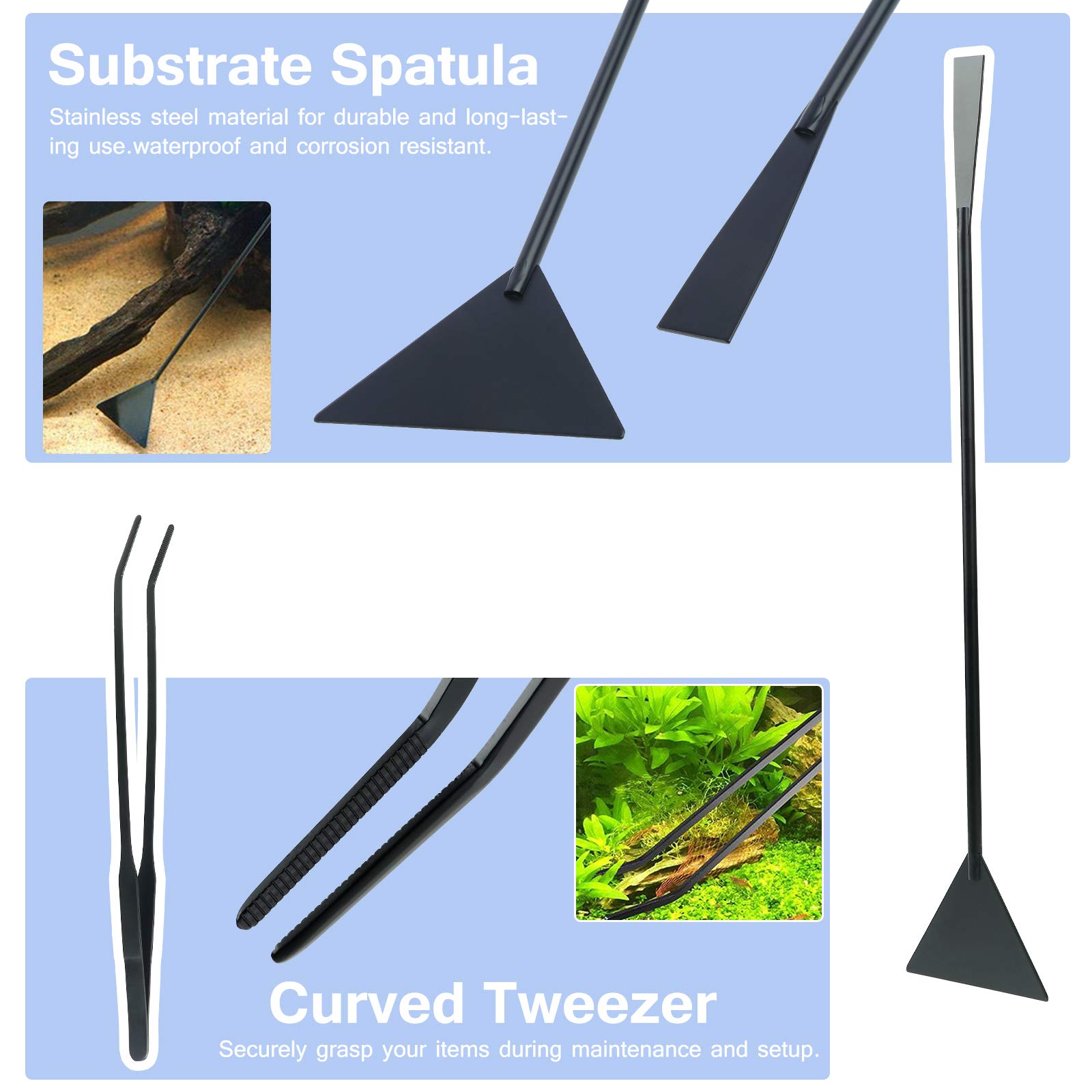 Kit D'outils de Nettoyage 9 en 1 pour Aquarium, épuisette de Poisson, Râteau, Fourche, Grattoir, éponge et Acier Inoxydable, Kit D'outils D'aquarium