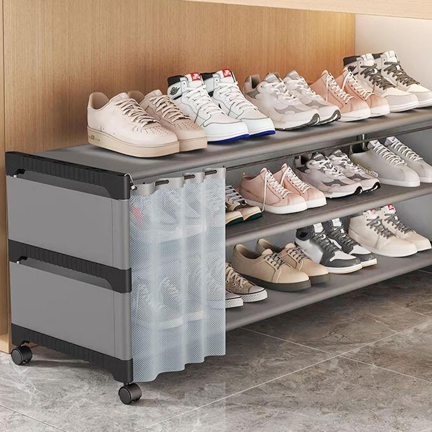 3Tier Rolling Shoe Rack with WheelsPortable Under Bed Storage Organizer for Hallway Bedroom Dorm Kitchen ClosetGrey 23.6" x 10.2" x 15.1"