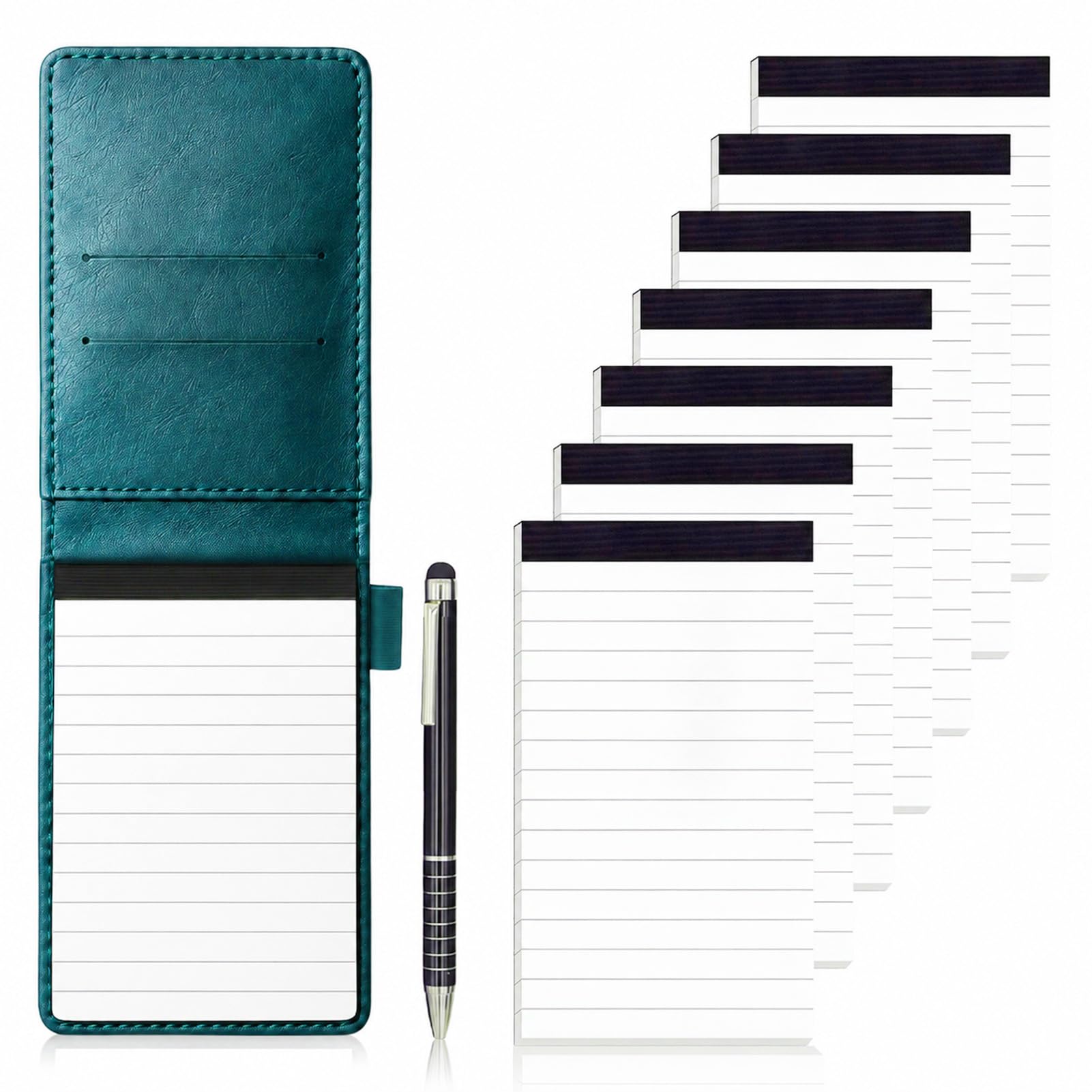 Aihoom 9 Pcs Mini Pocket Notepad A7 Holder Set, Small Notebook with Metal Pen, Leather Mini Pocket Notebook with 50 Lined Sheets and 7 Memo Book Refills, for Writing, Office, Travel, and Business