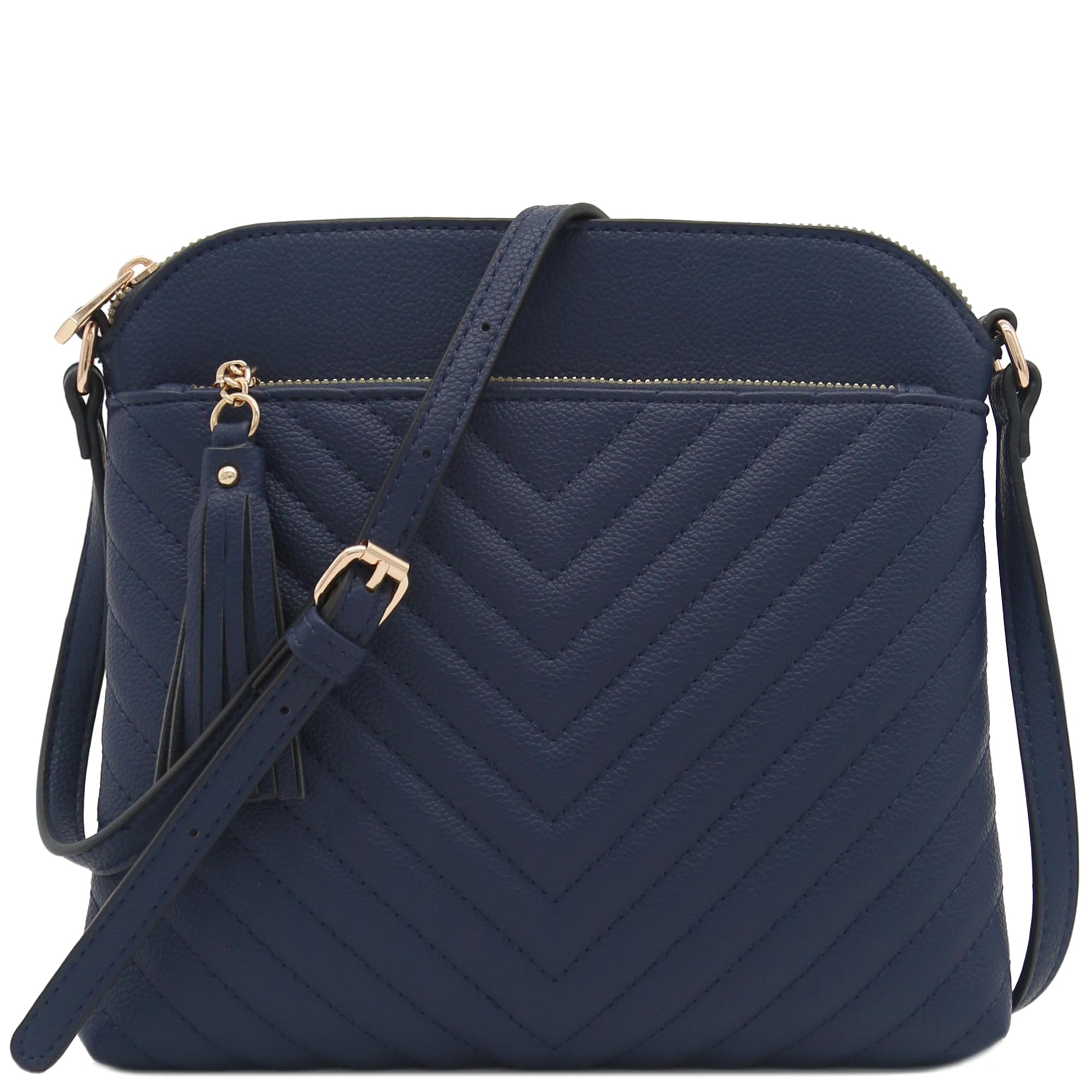 FashionPuzzle Chevron Quilted Medium Crossbody Bag with Tassel Accent, Navy, One Size