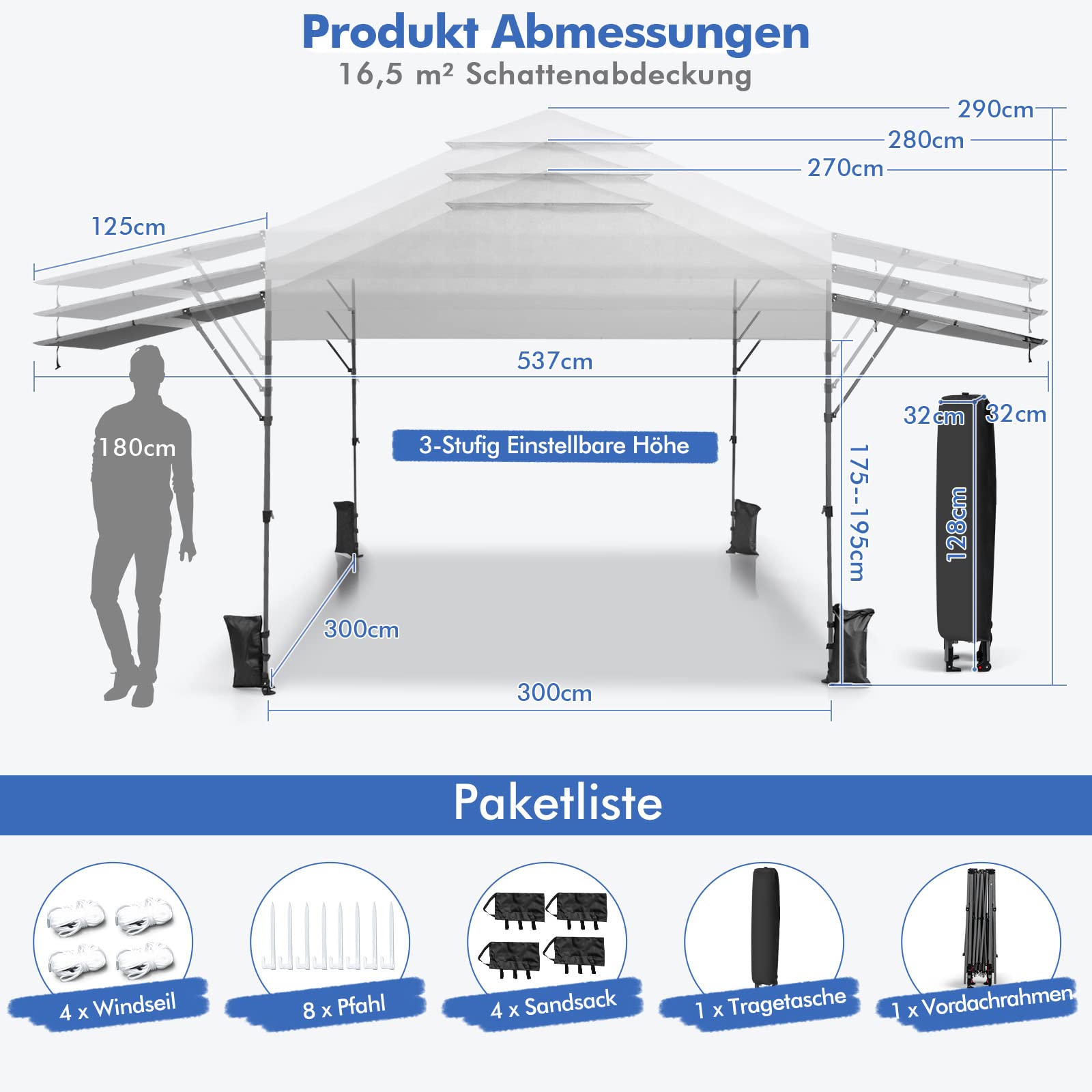 COSTWAY Pawilon typu Pop Up 3 x 3 m, z dwiema markizami, składany pawilon z torbą zwijaną, 4 worki na piasek, namiot ogrodowy, składany, namiot imprezowy, wodoszczelny, stabilny (biały)