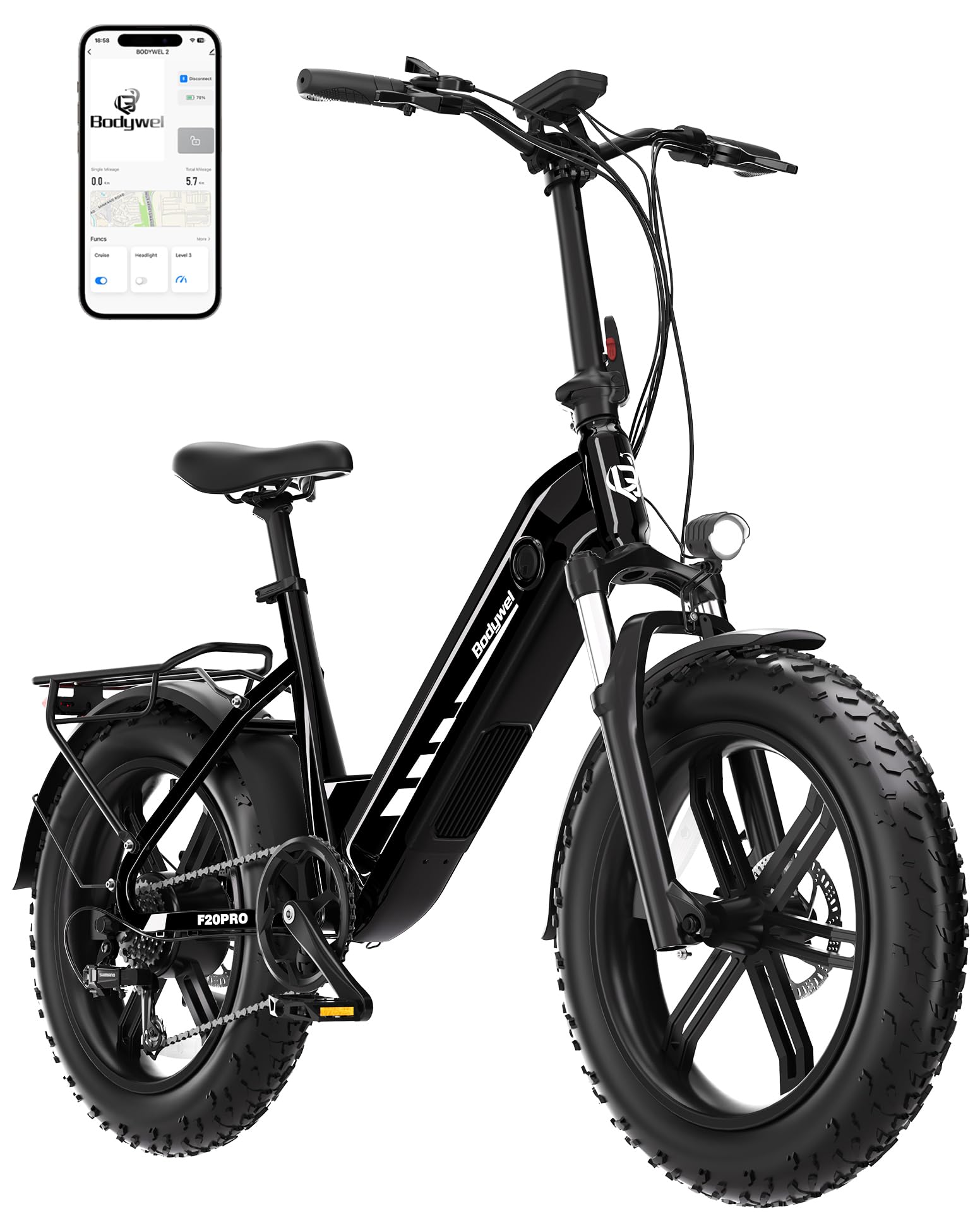 Bodywel F20Pro Bicicletas Eléctricas Adultos, 20x4” e-Bike Todo Terreno, Batería 48V 20Ah, Motor Bafang 250W, 7 Velocidades, Suspensión Ajustable, Frenos de Disco Doble- Plegable