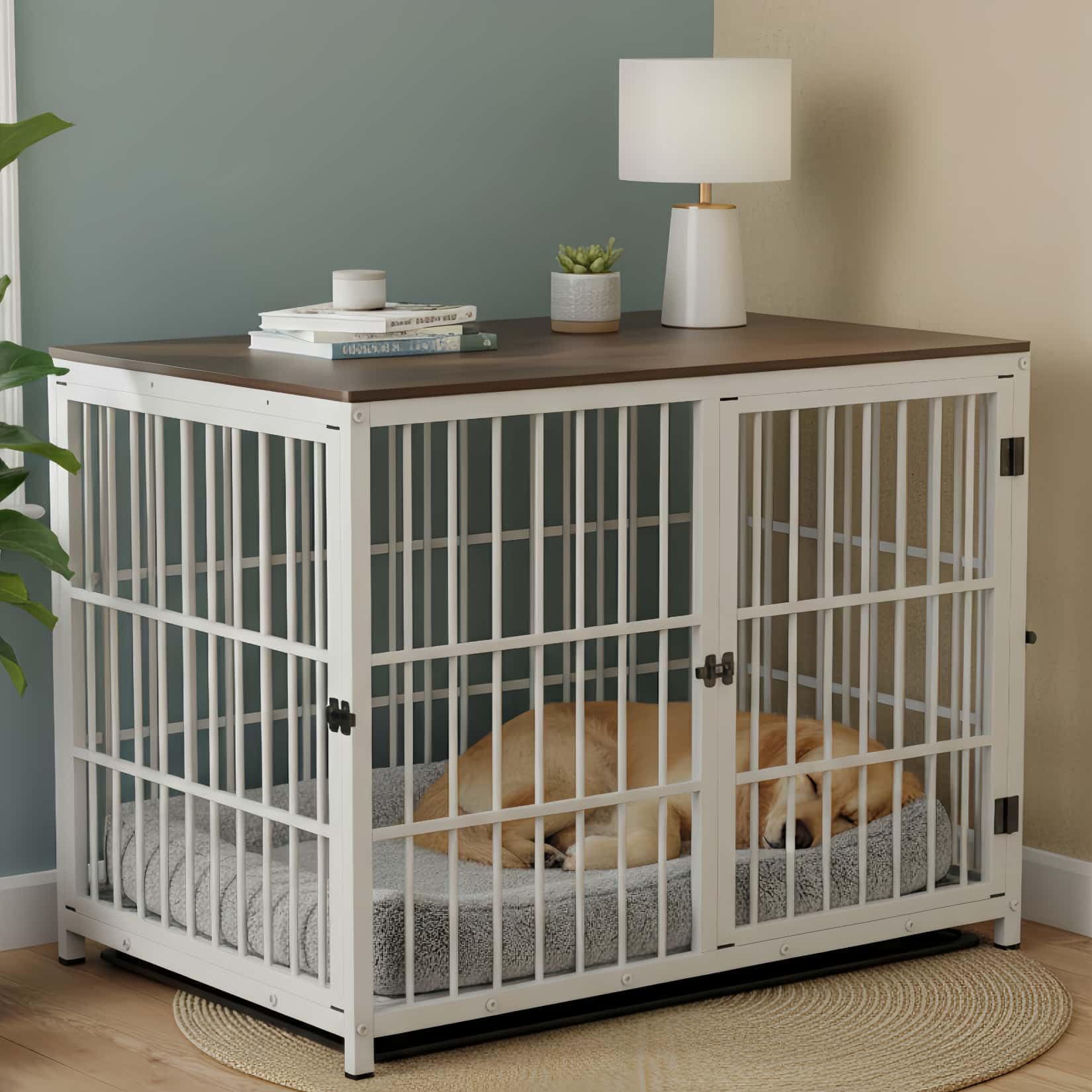BingoPaw Gabbia Cani per Interno: XL Kennel Cani Taglia Grande in Legno e Metallo Casetta Cane Tavolino per Gabbia con 3 Ante e Vassoio Estraibile - 107x71x81cm, Bianco