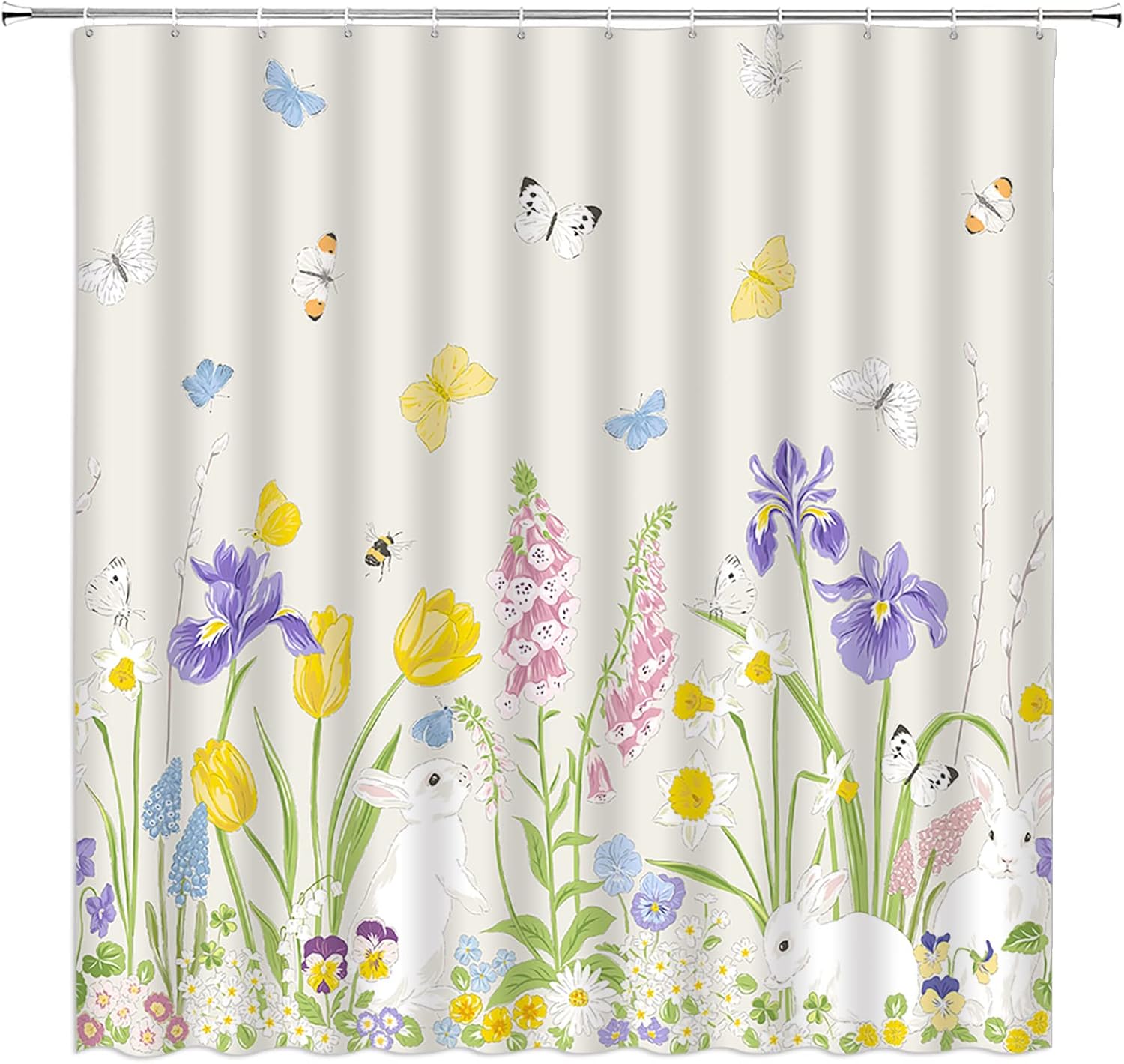 Easter Shower Curtain Happy Easter Bunny Eggs Tulip Flowers Spring Holiday Fabric Home Bathroom Decor with Hook(84" Wx70 H)