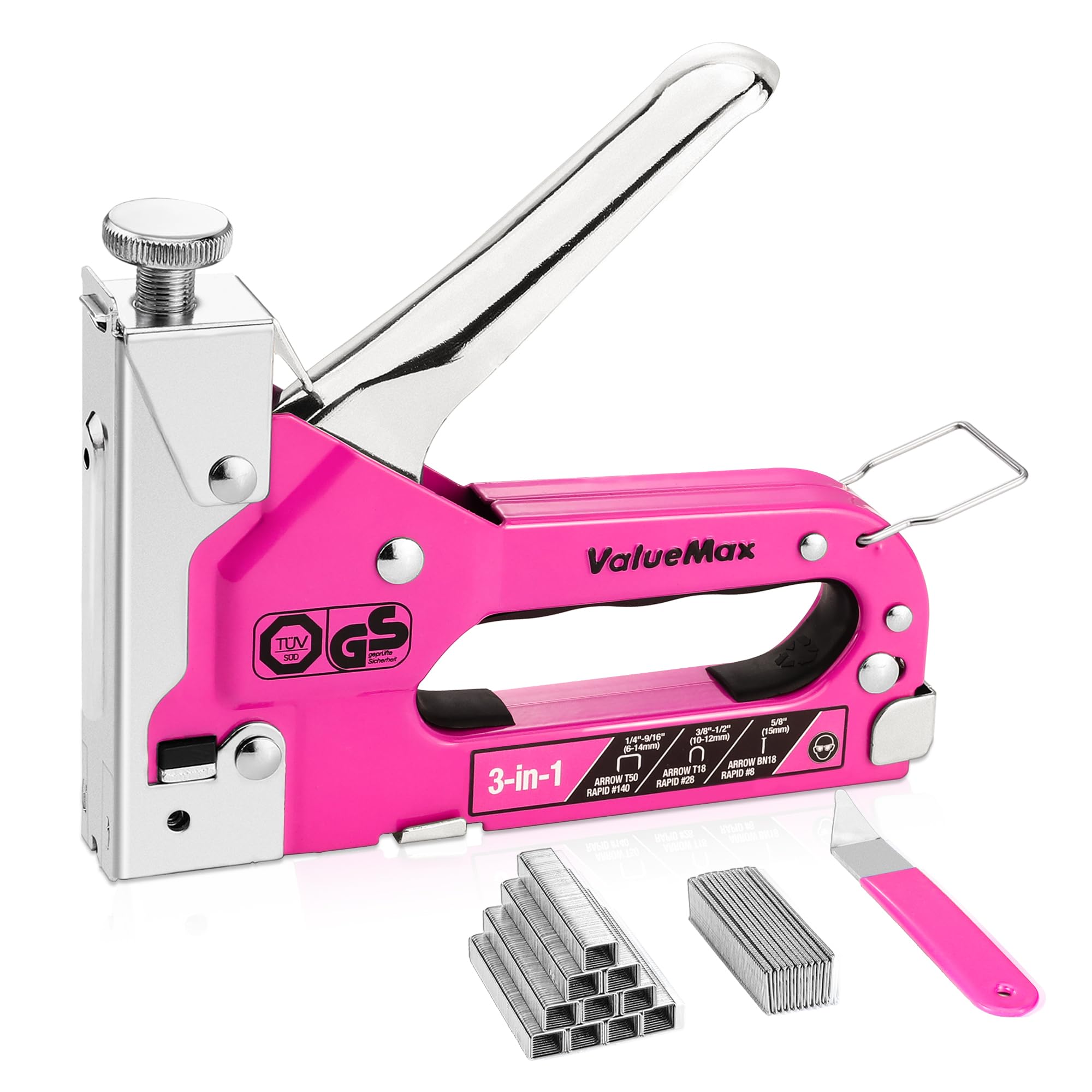 ValueMax Grapadora Manual 3 en 1, Clavadora de Tapicería, Pistola Grapadora con 2000 Grapas y Quita-grapas para Tapicería, Herrajes de Fijación, Decoración, Carpintería, Muebles