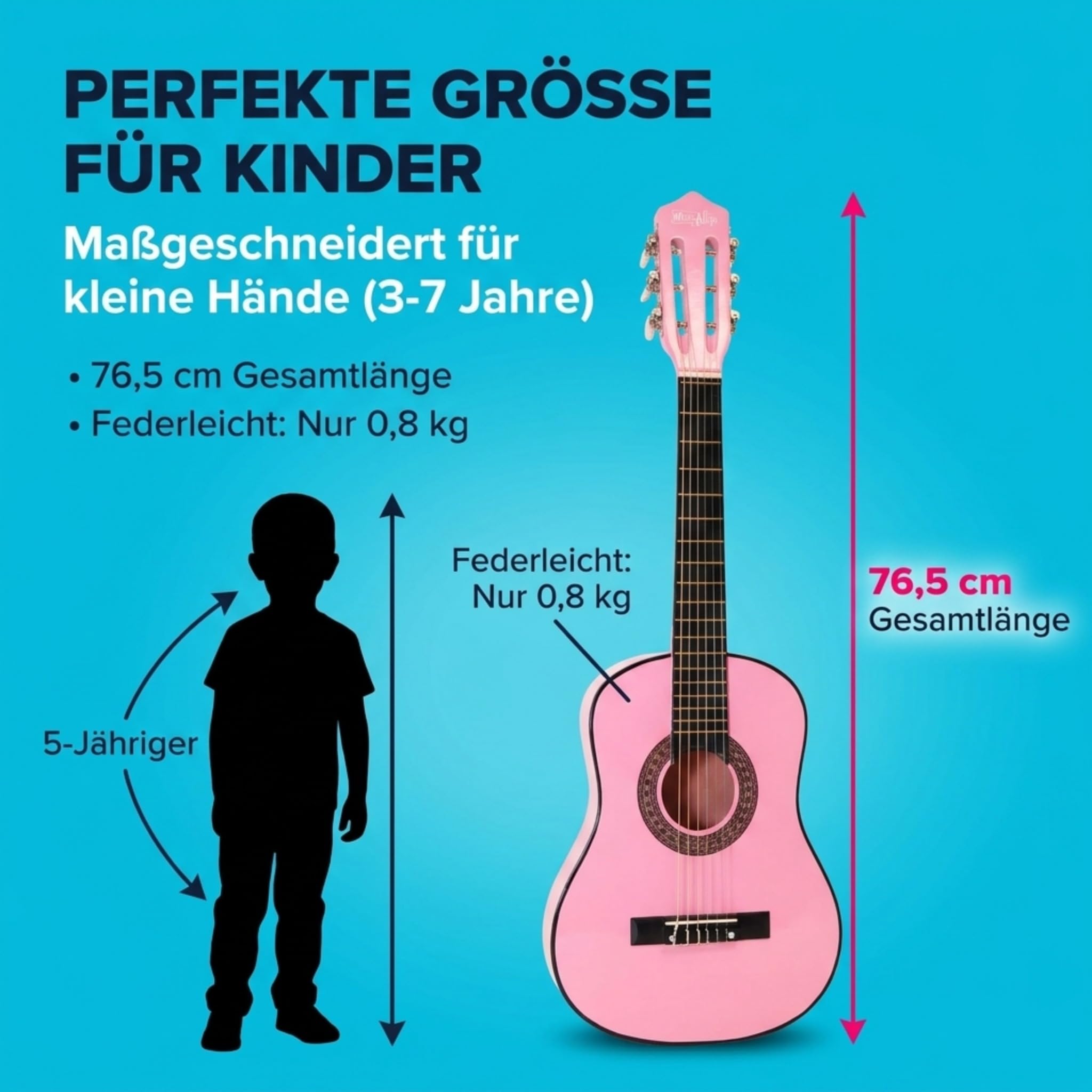 Music Alley MA-51 30 Zoll Junior Klassikgitarre für Kinder, Akustikgitarre mit Nylonsaiten, Tragetasche und Online-Unterricht, Rosa
