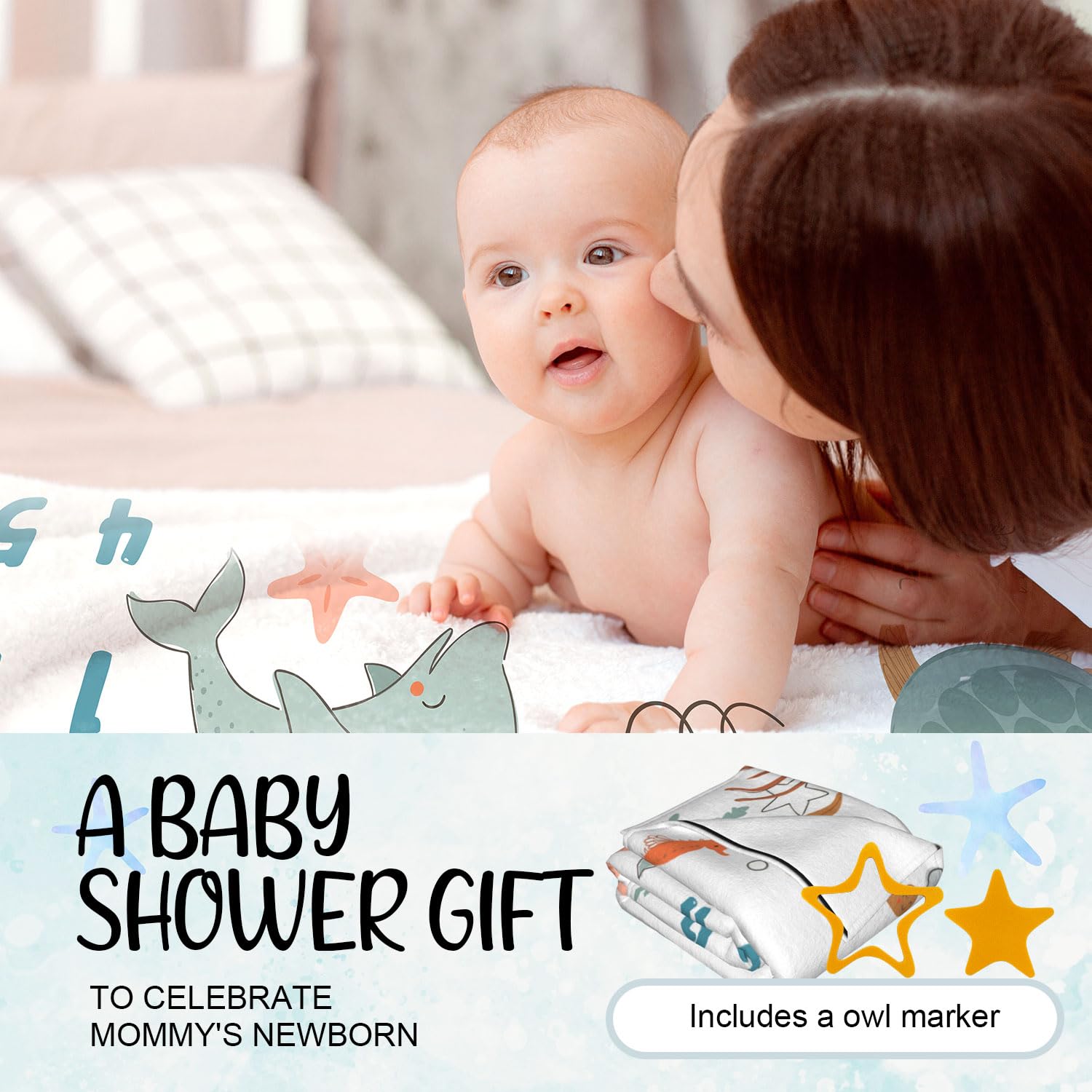 Ocean Baby - Manta mensual para niñas, manta de mes de recién nacido, manta de franela suave para fondo de fotografía, regalo de ducha personalizado, océano