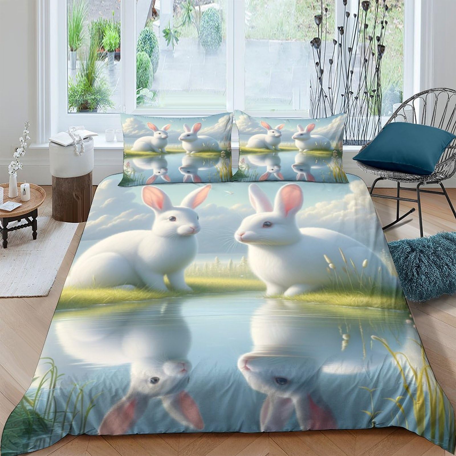 Stampato in 3D Coniglietto carino Copertina Stampata Microfibra Disegnata Biancheria Da Letto Cura Facile Con 2 Federe,Double（200x200cm）, Per Adolescenti E Adulti