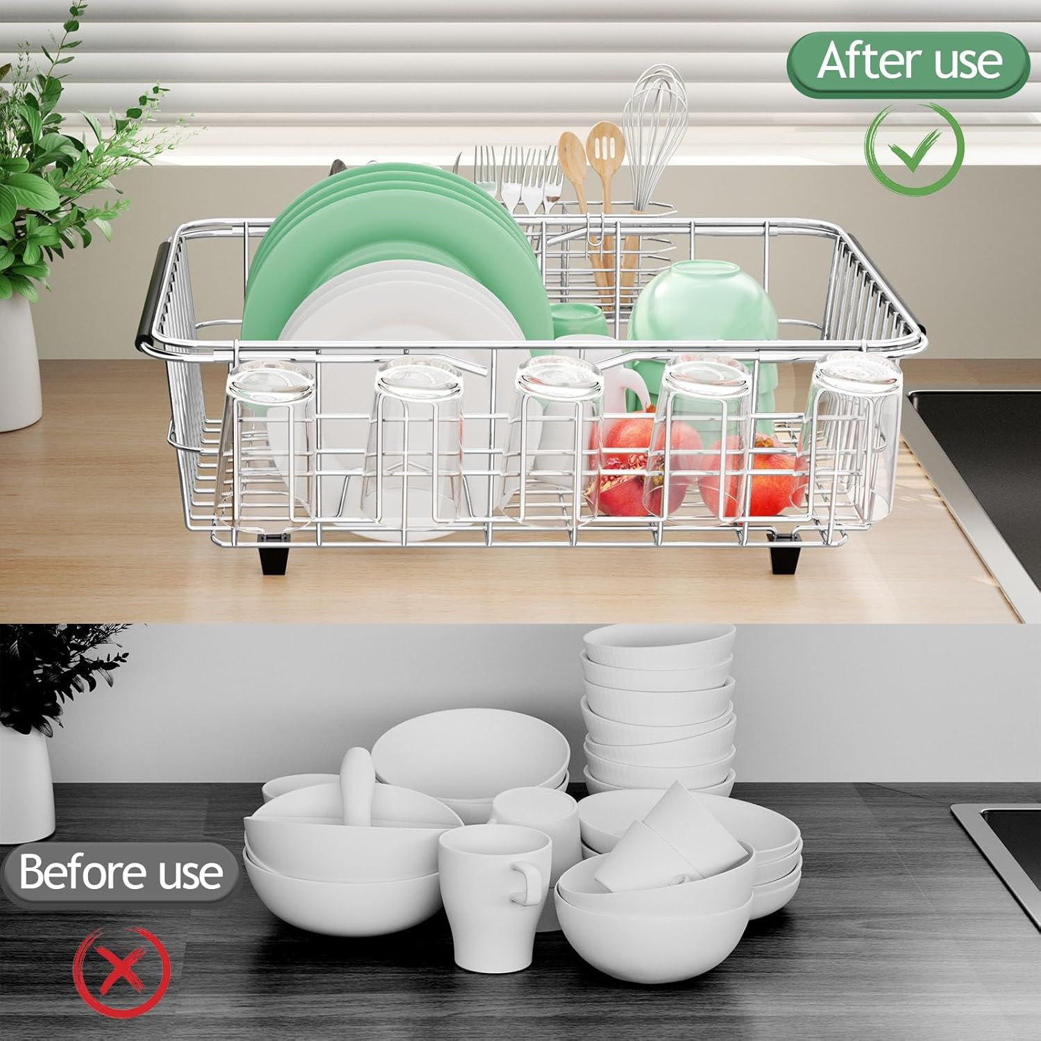 Dish Drying Rack in Sink, Extendable Stainless Steel Dish Drainers for Kitchen Counter, Anti-Rust Dish Dryer Rack with Utensil & Cup Holders, for Inside Sink, Over The Sink