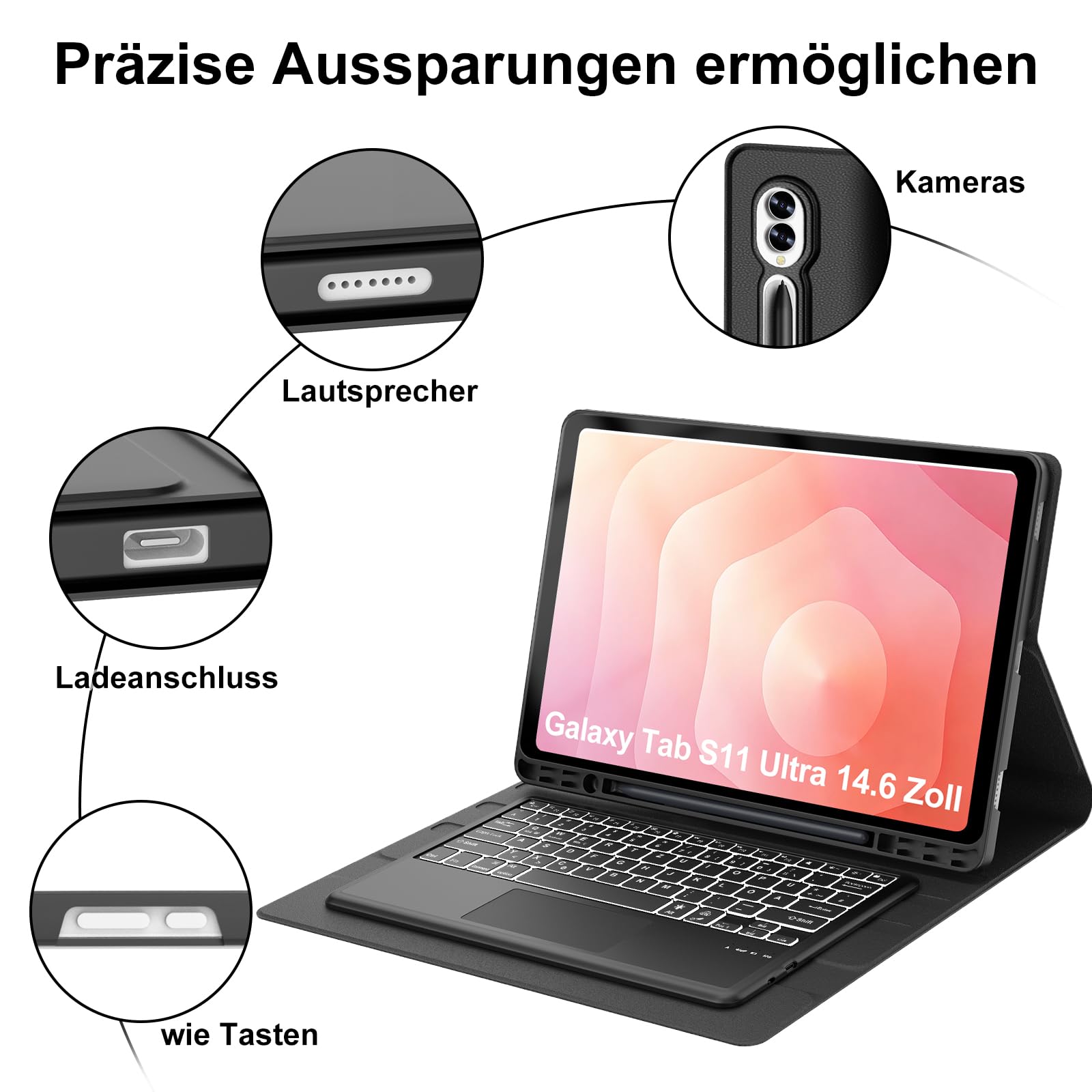 Tastatur für Samsung Galaxy S11 Ultra 14,6 Touchpad Beleuchtung, Schwarz | Magnetisch Abnehmbarer Tastatur für Teblet Samsung S11 Ultra 14.6" 2025 (SM-X936B/SM-X930), Deutsches QWERTZ Keyboard