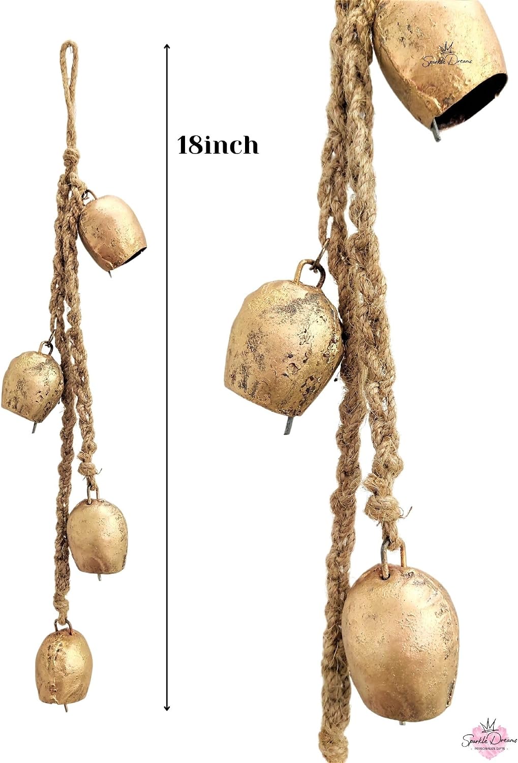 Rustic Style 4 Round Bells Hanging Cluster Small Cow Bells for Crafts Christmas Tree Jingle Hanging Bells