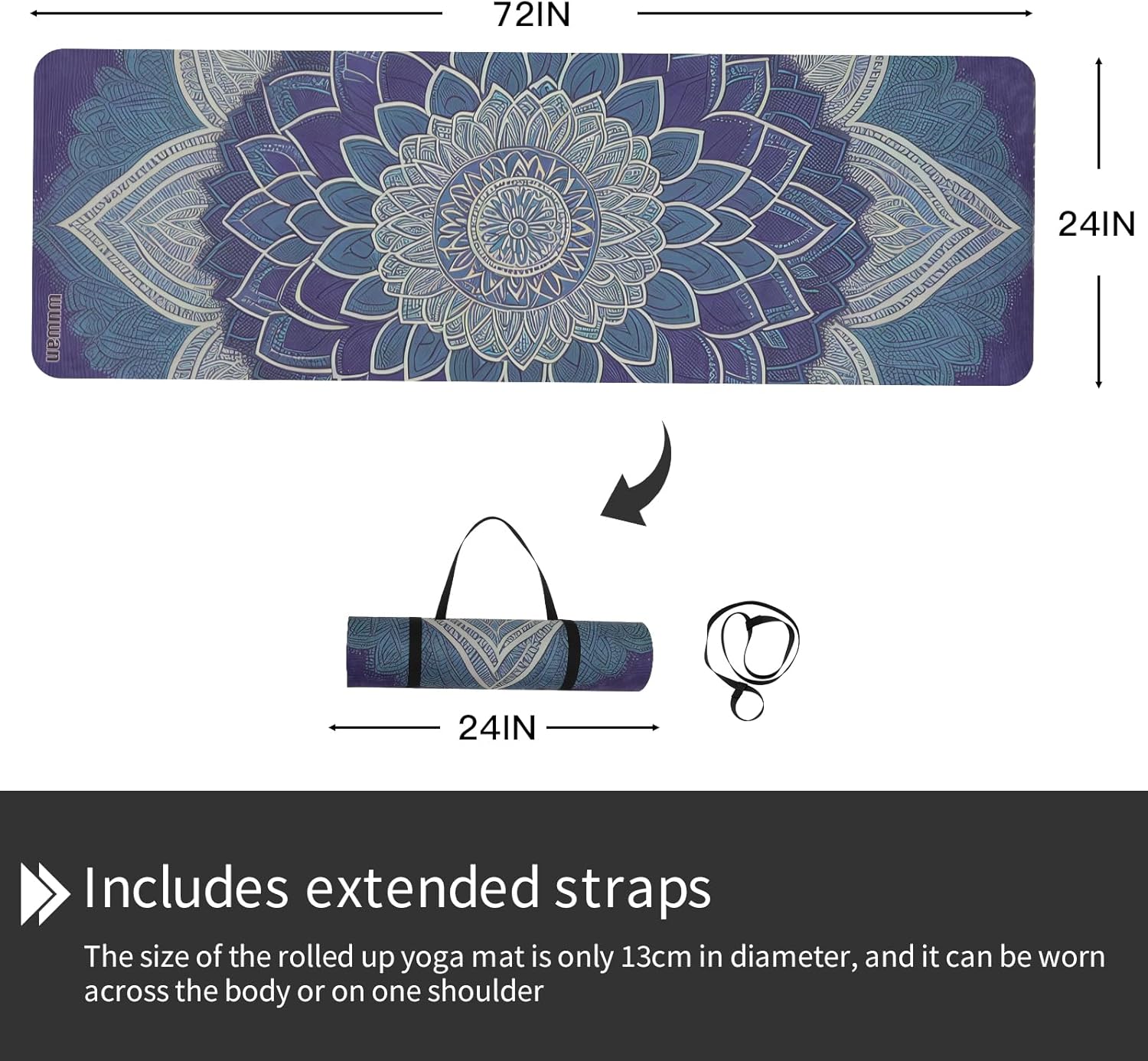 Printed Yoga Mat 72" x 24" Thick 6mm Non-Slip Fitness Exercise Exercise Mat with Strap for Women Men Yoga Pilates Workout Gym Floor Workout (Blue Lotus Flower)