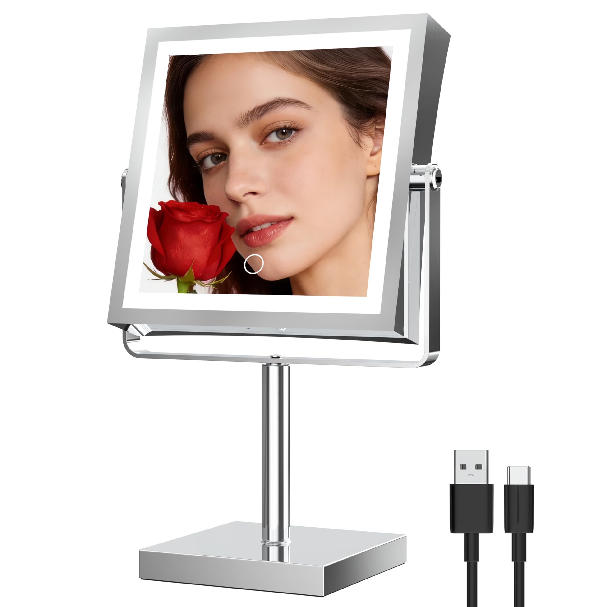Photo 1 of Ruacq Makeup Mirror with Lights, 4000mAh Rechargeable Magnifying Mirror with Light, 1X/10X, Height Adjustable Bathroom Vanity Mirror, 3 Colors, Adjustable Brightness (Chrome)