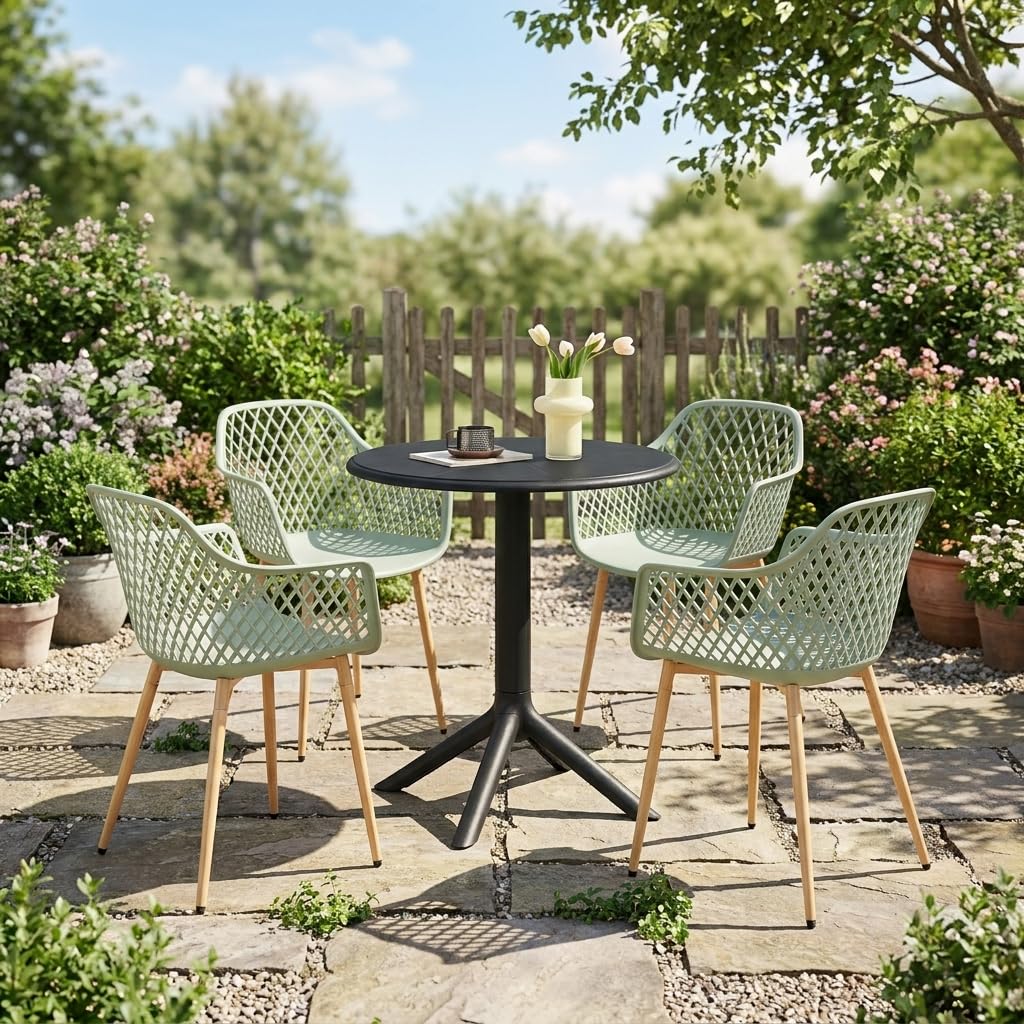 Set da pranzo rotondo con 4 sedie, tavolo da giardino rotondo per giardino, balcone, terrazza, tavolo Ø 60 cm + 4 poltrone grigio-verde