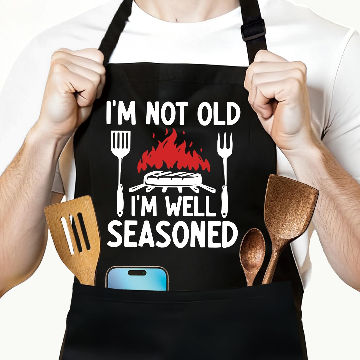 Funny Cooking Aprons Gifts - I'm Not Old I'm Well Seasoned - Men's BBQ Grilling Black Aprons with 2 Pockets, Adjustable Neck Strap - Humor Chef Gifts for Men, Dad, Husband, Cooking Lovers