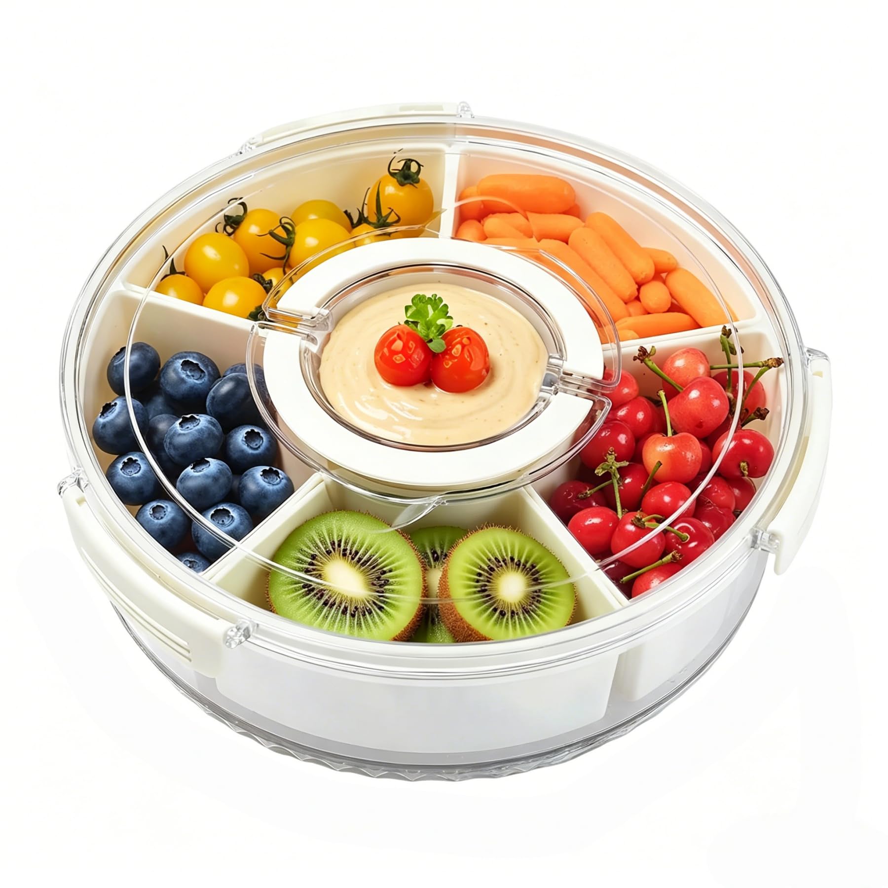 kaixinha Snack Box With Compartments – Rotating Snack Spinner Organizer, 6 Section Double Layer Serving Tray with Handle Lid for Snacks, Fruit and Veg 27cm