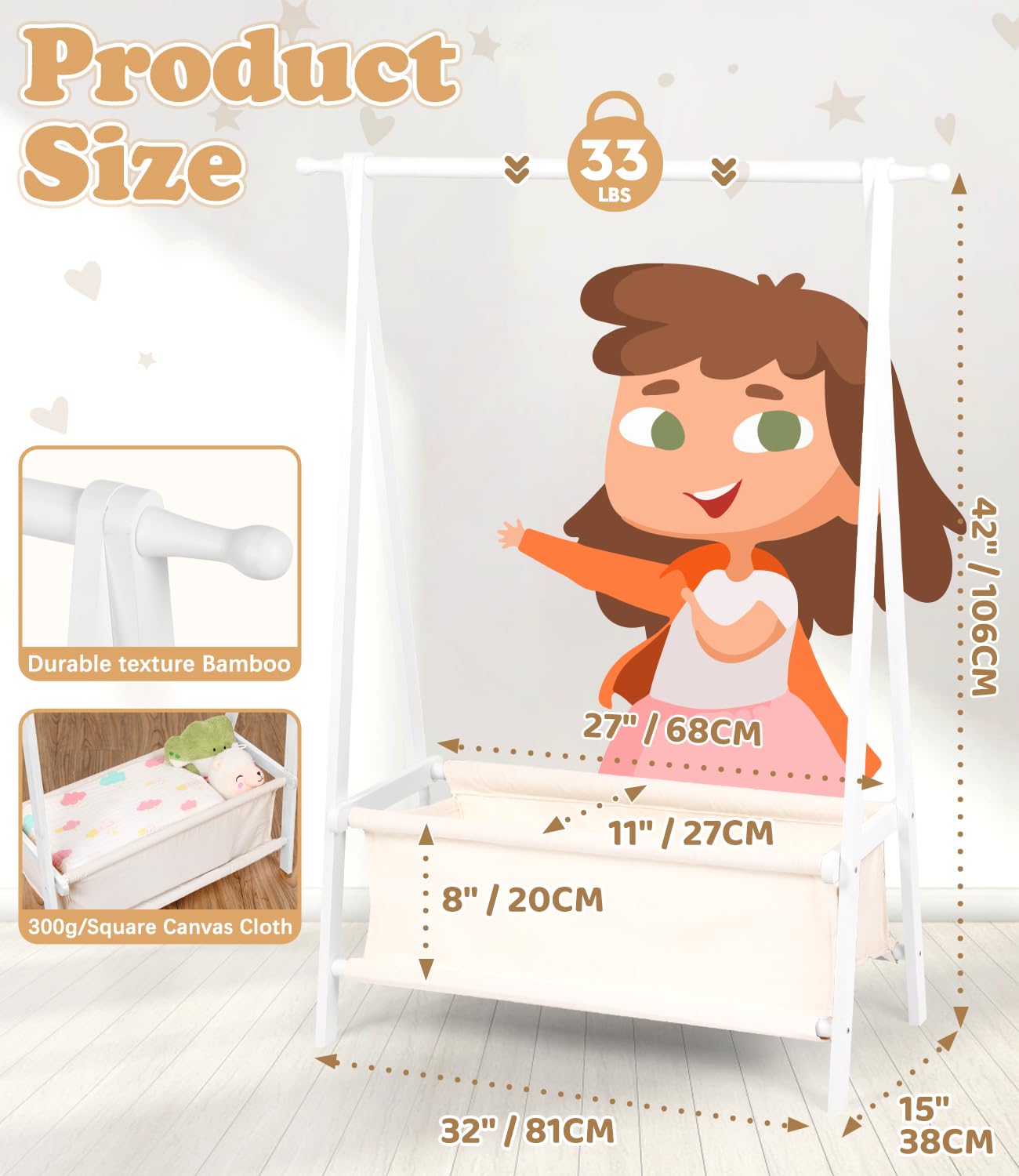 Appendiabiti per bambini con portaoggetti, appendiabiti per bambini, piccoli indumenti, per costumi, in bambù (bianco)