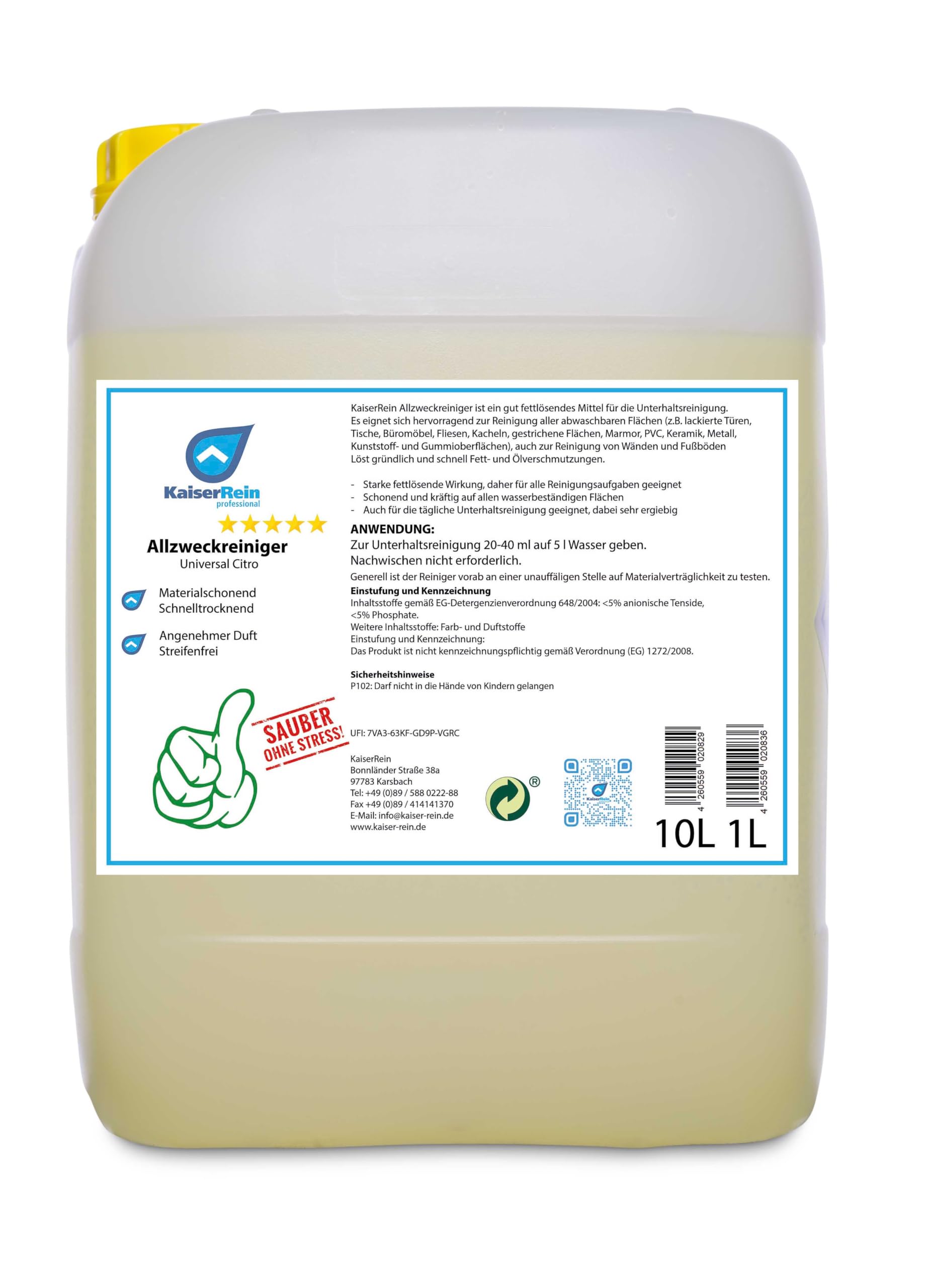 KaiserRein Allzweckreiniger 10 L Kanister Konzentrat Citrus Oberflächenreiniger Bodenreiniger Universalreiniger für Boden, Auto und Oberflächen Kraftreiniger fettlösender Industriereiniger