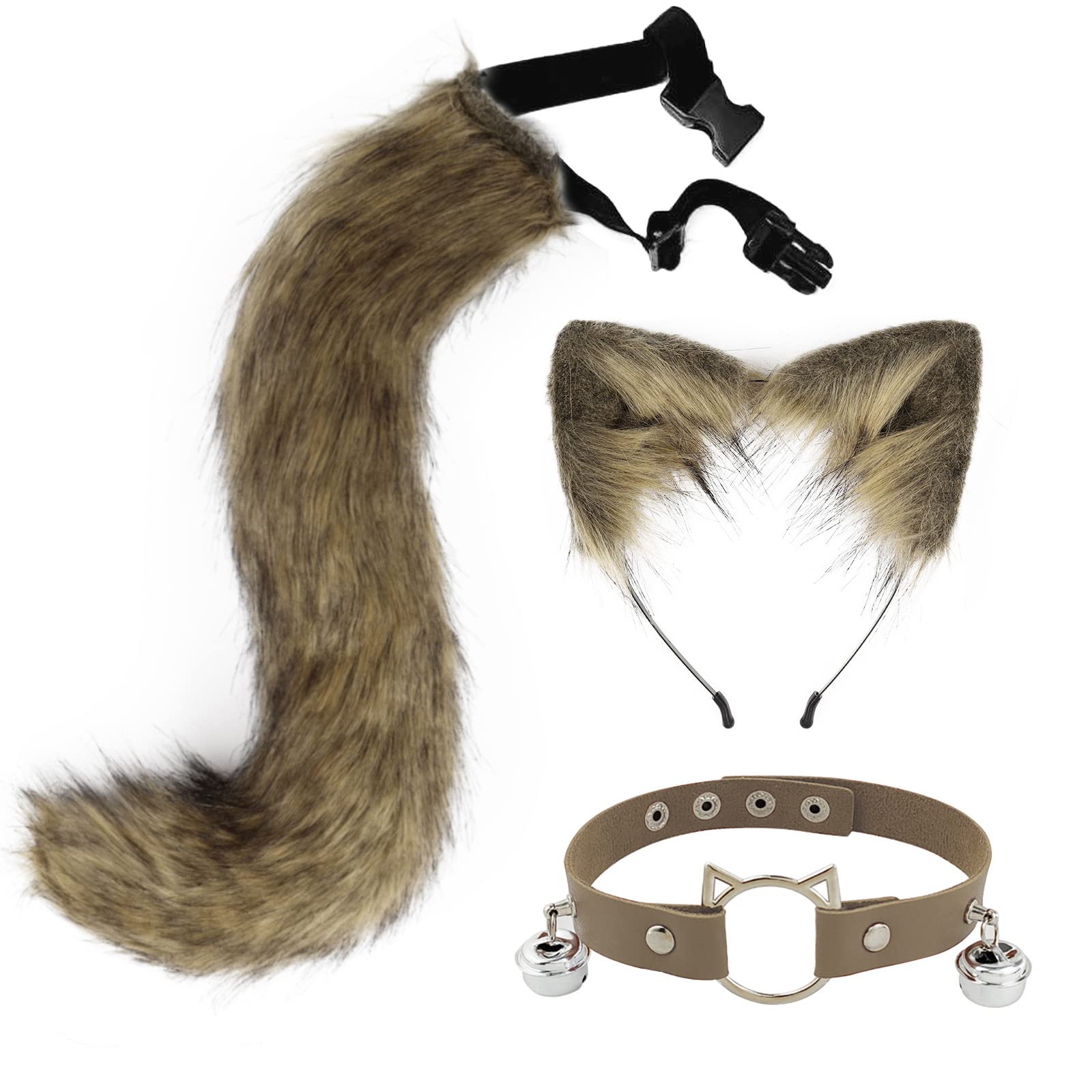 DRESHOW Fox Faux Fur Tail Cat Ears Headband Halloween Party Costume Neck choker Cosplay Set for Women, Faux Tail Set-17 Straw Yellow