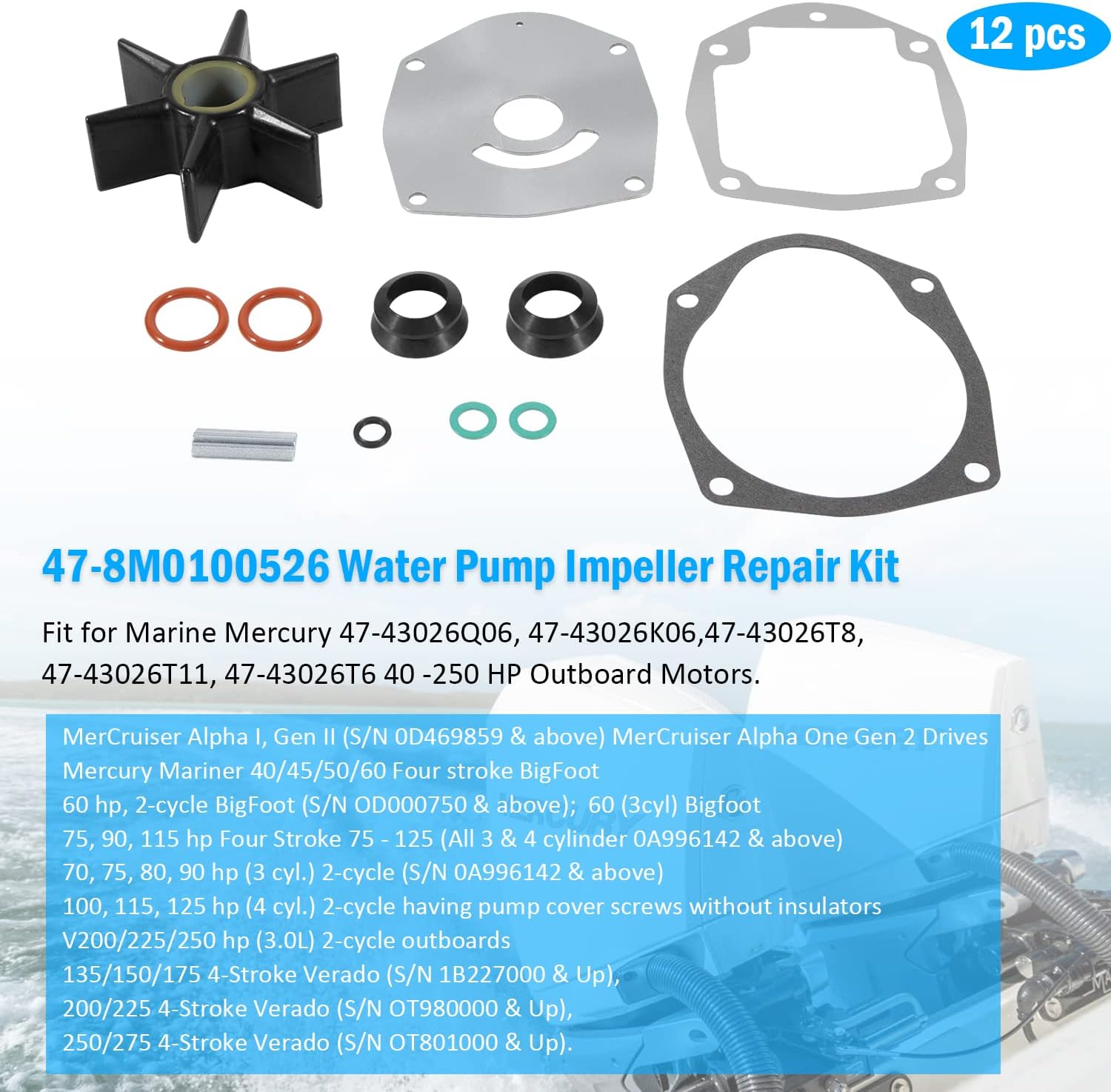 8M0100526 Water Pump Repair Kit fit for Mariner Outboards and MerCruiser Sterndrives Alpha One Gen 2, 47-8M0100526