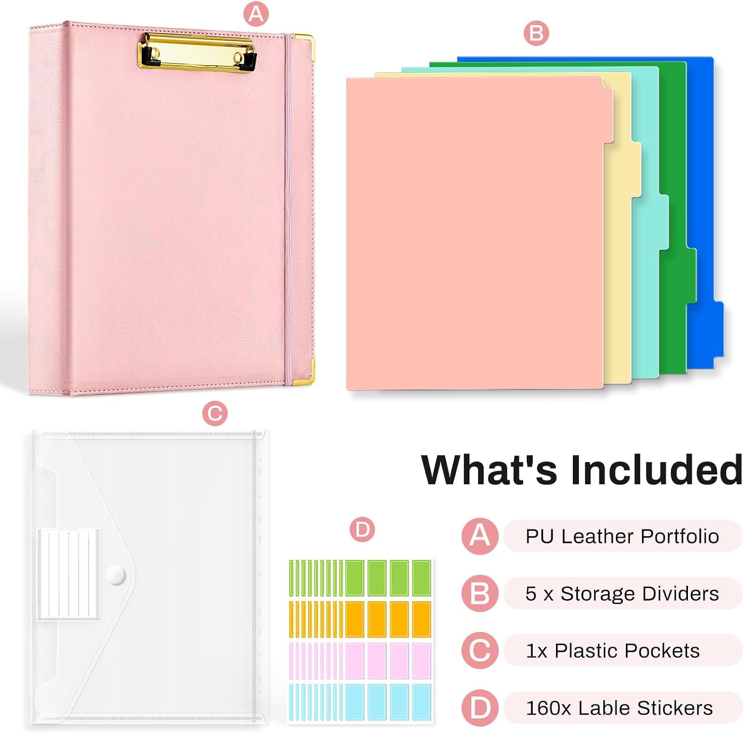 Ovesmusl 1 Inch 3 Ring Binder with Clipboard Leather Round Ring Binder with 5 Dividers, Plastic Folder, 400 Divider Stikers, Fits 175 Sheets 8.5"x11" Letter Size Paper