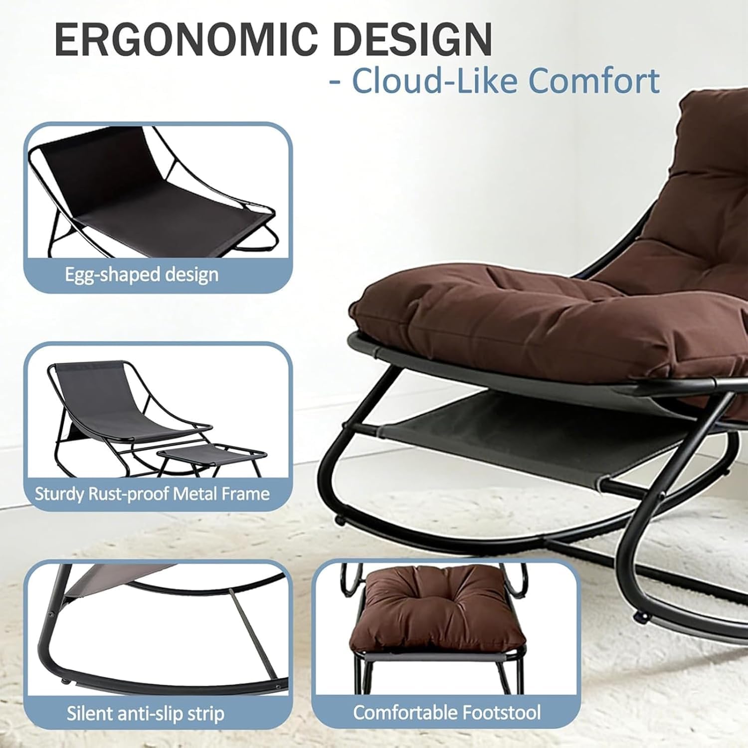 Sedia a dondolo con sgabello, sedia a dondolo, sedia a dondolo, per soggiorno, sedia da lettura con imbottitura, per esterni, fino a 150 kg, per balcone, giardino (marrone-1, 100 x 77 x 70 cm)