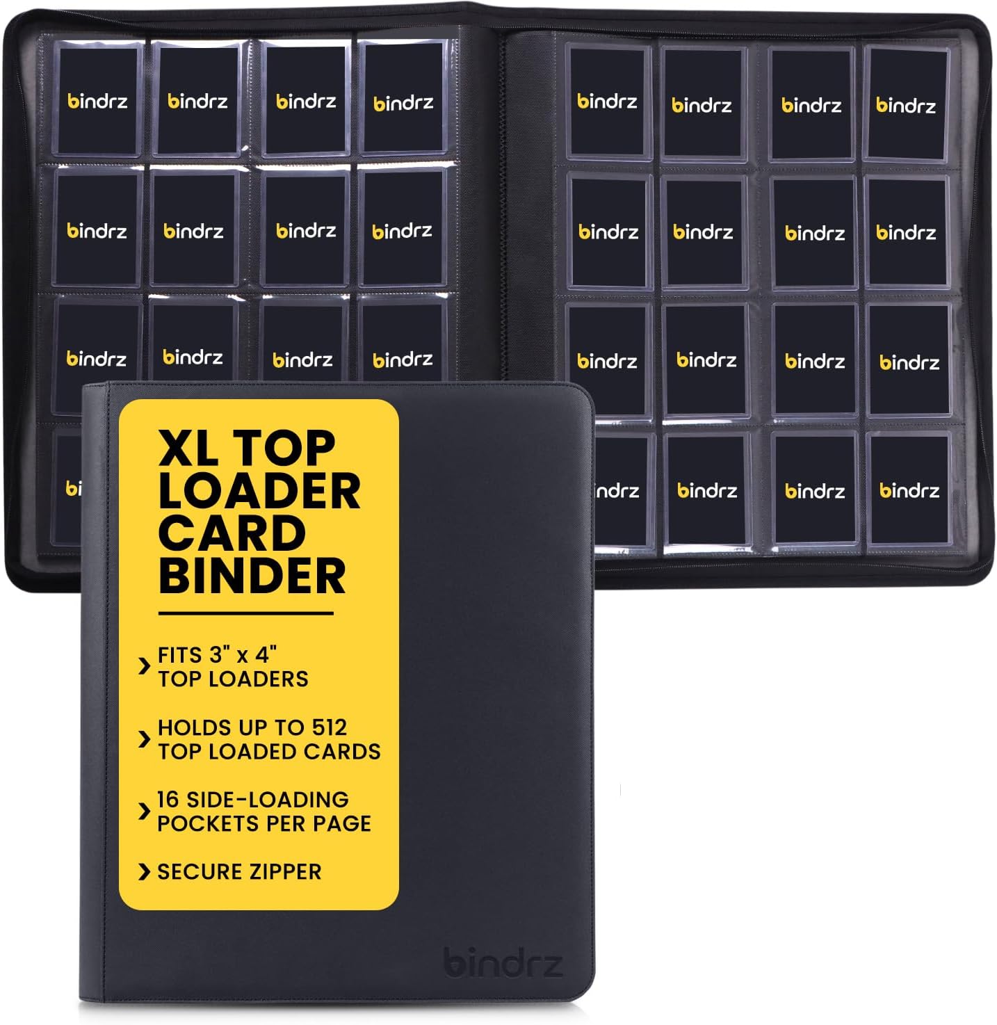 bindrz 16 Pocket XL Top Loader Binder - Holds 512 Toploaders - Archival Safe Ringless Zipper Album - Side Loading Pockets for CCG TCG MTG and Sports Cards in Plastic Holders