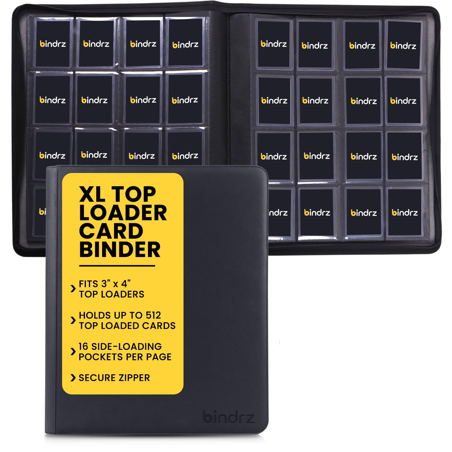 bindrz Raccoglitore XL a 16 tasche con apertura superiore, contiene 512 Toploader – Album con cerniera senza anelli – tasche laterali per CCG TCG MTG e carte sportive in supporti di plastica