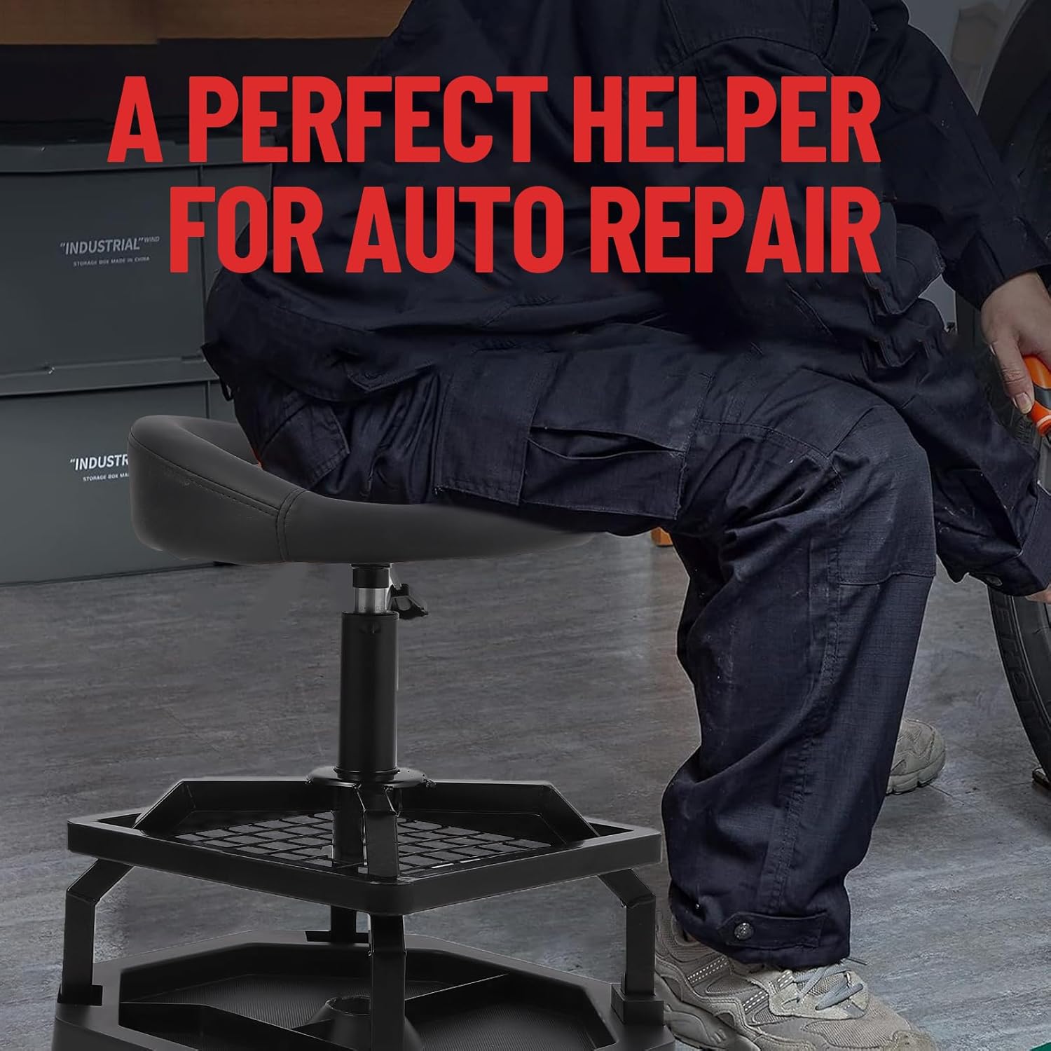 Rolling Garage Stool with Wheels, Mechanic Stool Adjustable Height, 360°Swivel, 300 LBS Capacity, Heavy Duty Garage, Durable Casters Rolling Shop Stool, Workshop