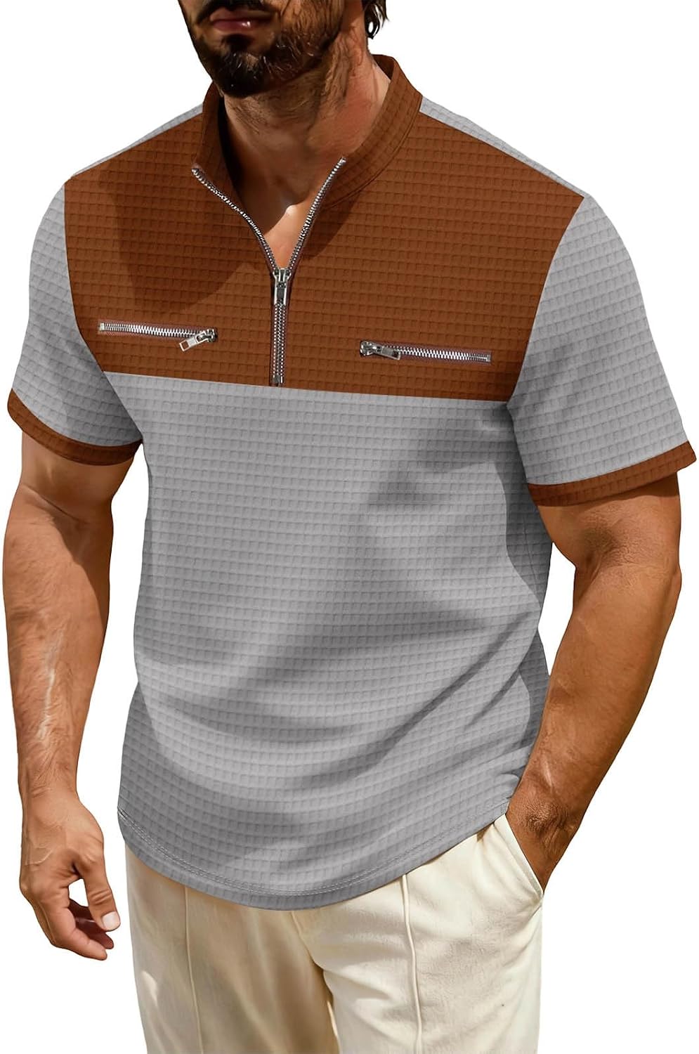 Waffle Henley Shirts for Men Mock Neck Short Sleeve Shirts Quarter Zip Color Block Pullover Tops with Zipper Pockets