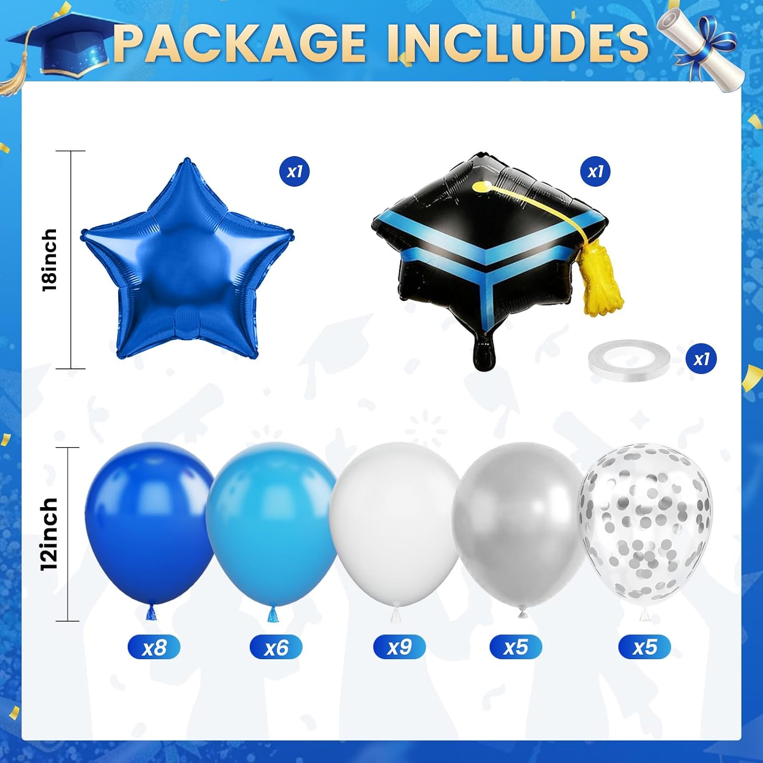 Blue Silver Graduation Balloons, Royal Light Blue Silver White Confetti Balloons, Cap Star Grad Foil Balloon for 2026 Graduation Decorations Celebration Party Supplies image 2