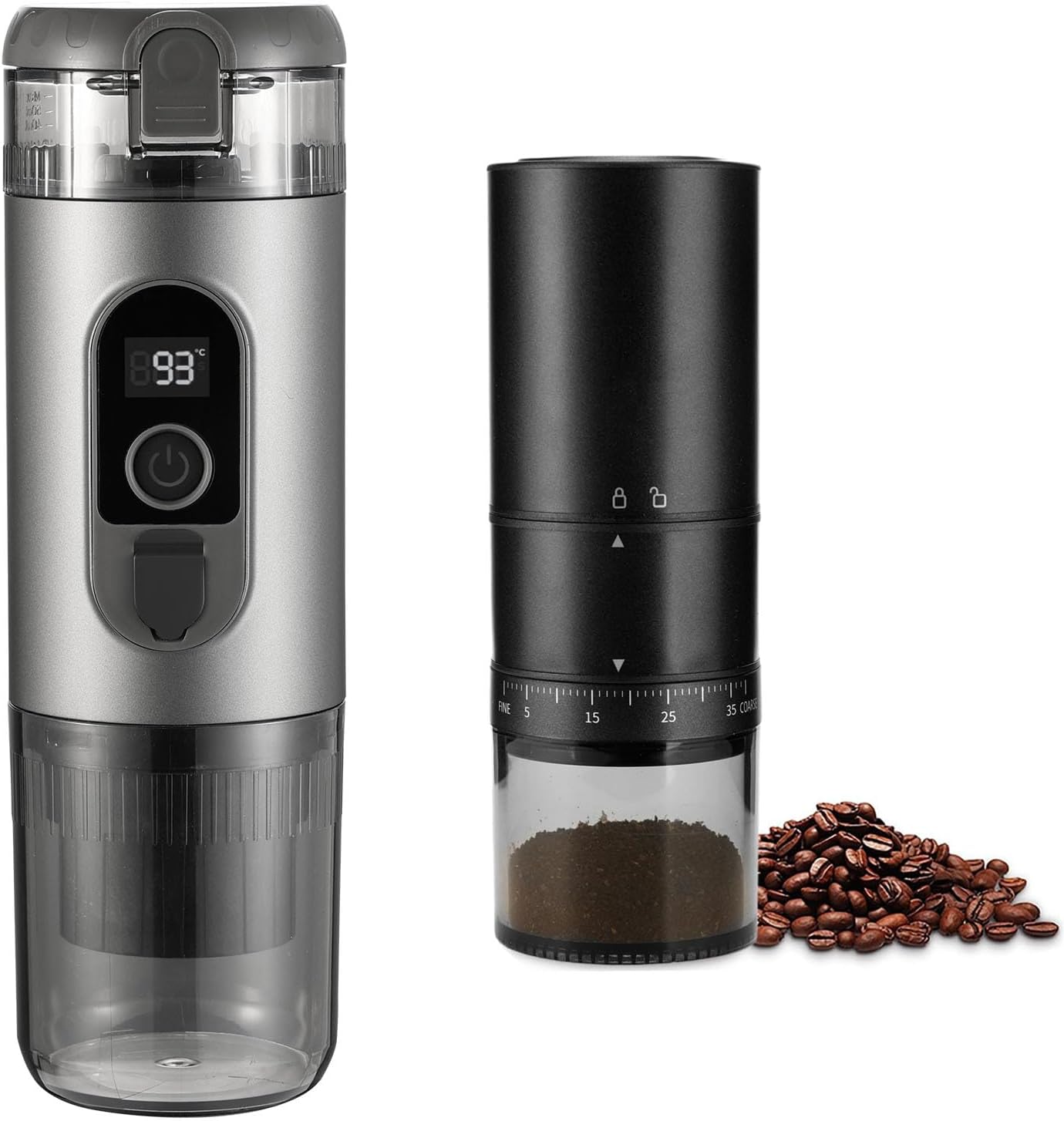 Electric Coffee Bean Grinder & Portable Espresso Maker Combo - Adjustable Burr Grinder (38 Grind Settings) + Rechargeable Travel Coffee Maker, Perfect for Home, Office & Camping