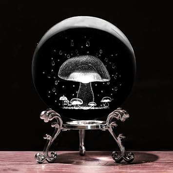 3D Mushroom Crystal Ball with Stand Lase Engraved Glass Sphere Paperweight Mushroom Decor Gift
