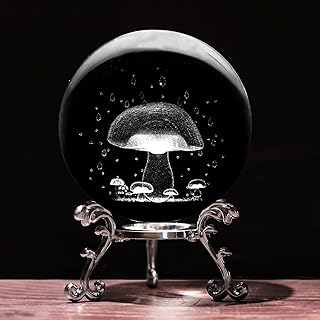 3D Mushroom Crystal Ball with Stand Lase Engraved Glass Sphere Paperweight Mushroom Decor Gift