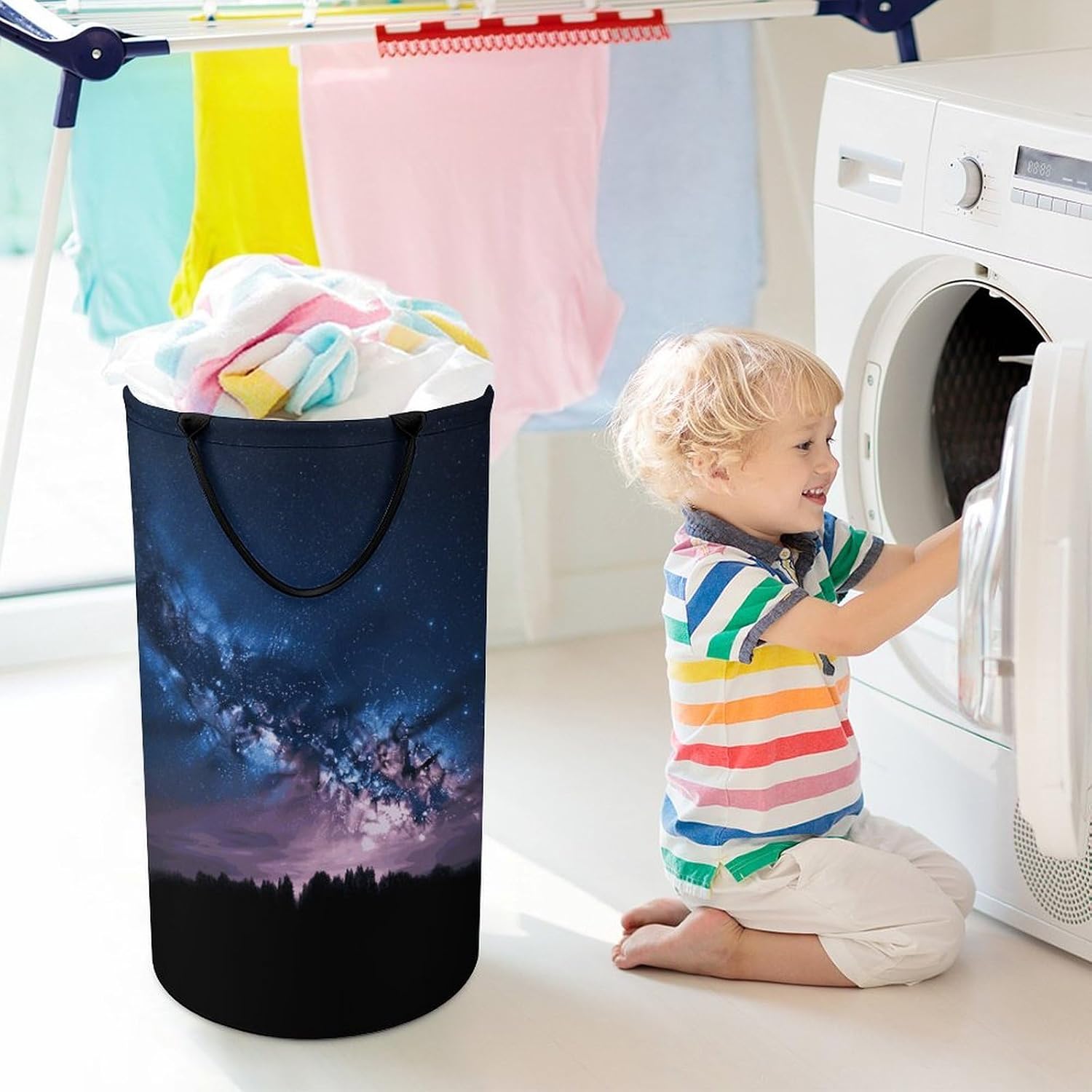 Large Laundry Hamper with Handles Night Sky Laundry Basket Freestanding Waterproof Clothes Hamper for Living Room Bedroom Bathroom College Dorm