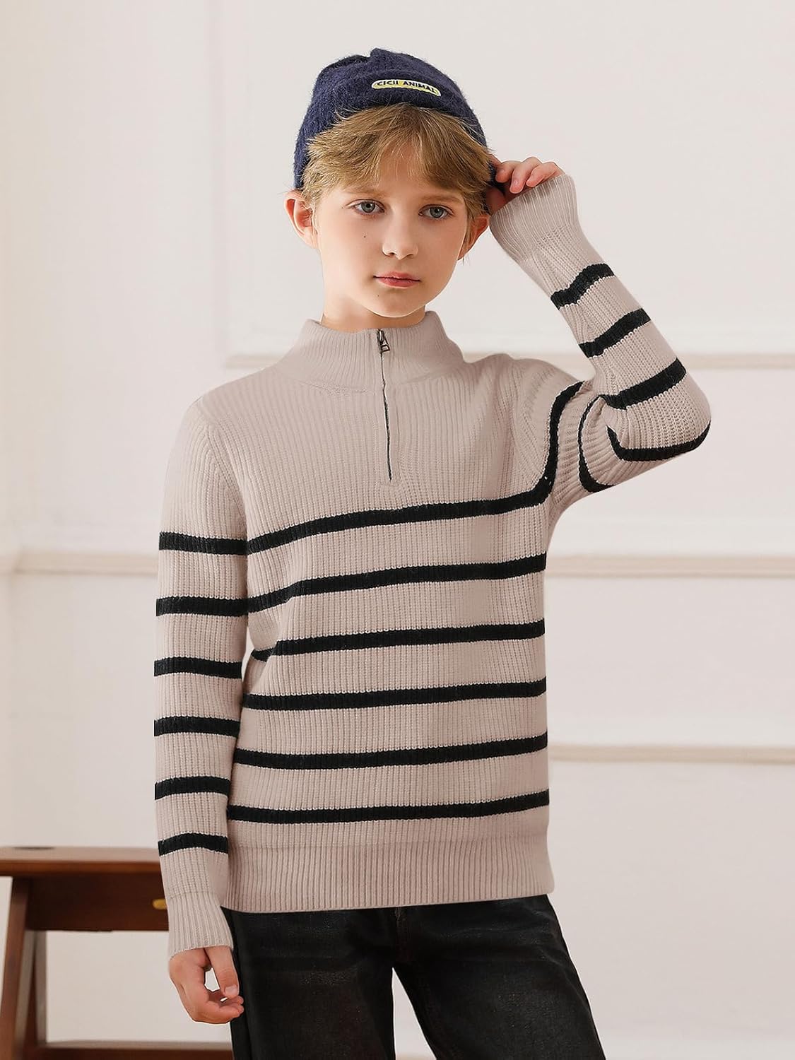 Haloumoning Boys Striped Quarter Zip Sweater Kids Fashion Long Sleeve Knit Pullover Sweaters Tops 5-14 Years - Image 3