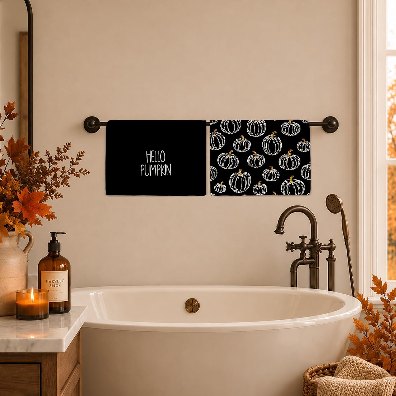 Black Fall Hello Pumpkin Kitchen Towels, Halloween Autumn Pumpkin Hand Towels Dishcloths for Bathroom Home Decor, Black and White Fall Thanksgiving Dish Towel for Kitchen 16x24in Set of 2