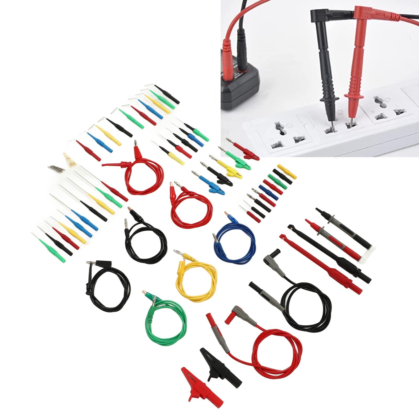 62 sztuki kabli testowych multimetru, wtyczka bananowa, zacisk krokodylkowy, sonda igłowa, kabel połączeniowy, hak kontrolny, 1000 V, wysokie bezpieczeństwo, klips do sondy gwintowanej, kontrola kabla