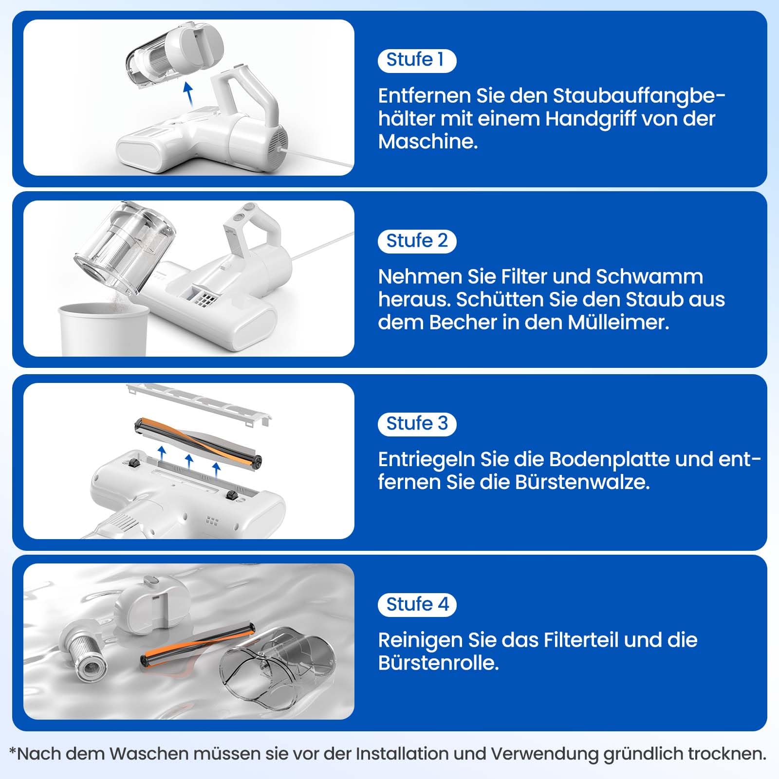 Milbensauger Matratzenreiniger 16Kpa UV-Licht HEPA-Filter Heißluftfunktion Staubmilben-Sensor Ultraschall 600W Handstaubsauger Weiß
