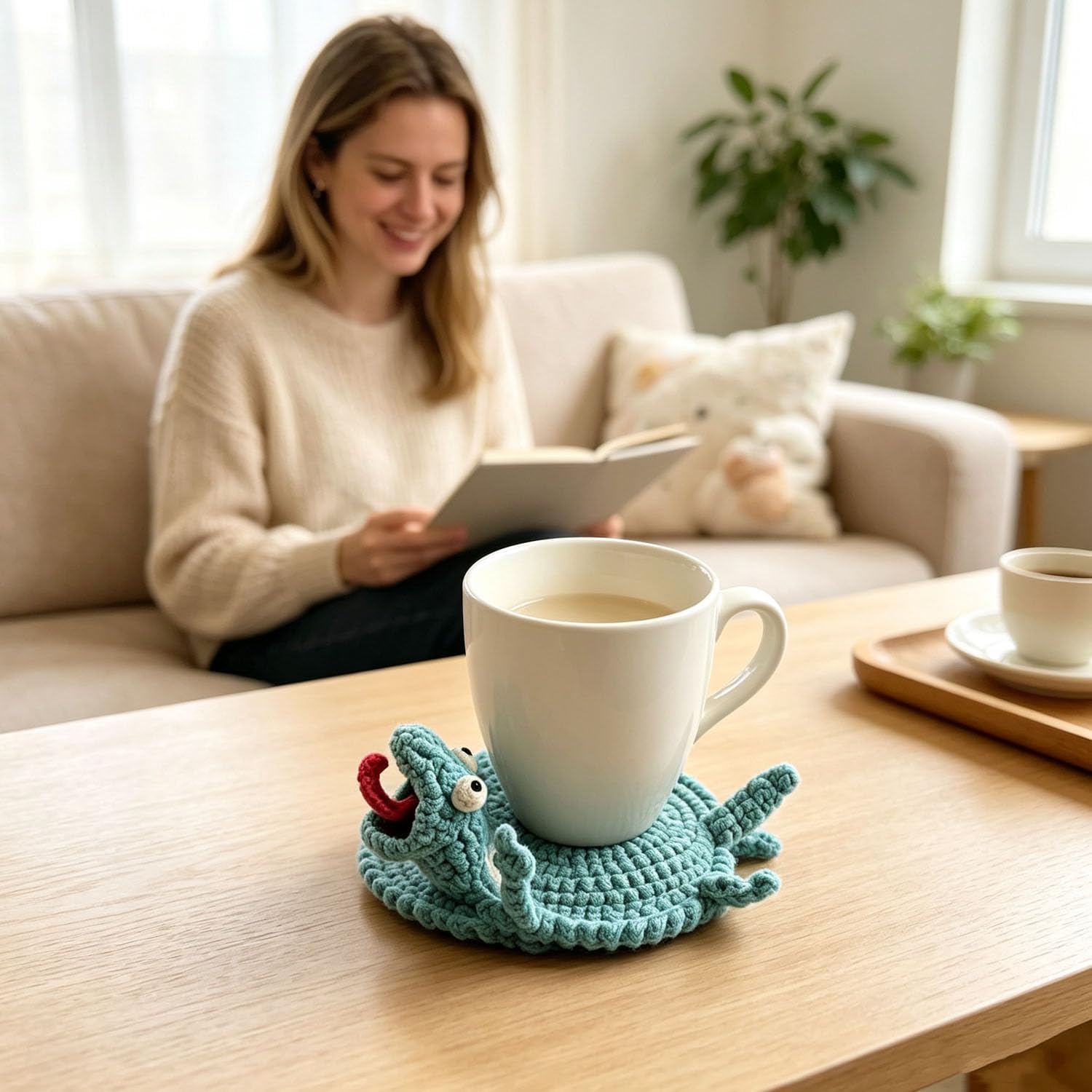 Crochet Lizard Coaster, Funny Crochet Coasters, Funny 3D Animal Mug Rug, Handmade Amigurumi Cup Mat for Desk Table Protection, – Protects Tables from Heat & Scratches – Finished Handmade Blue Coaster