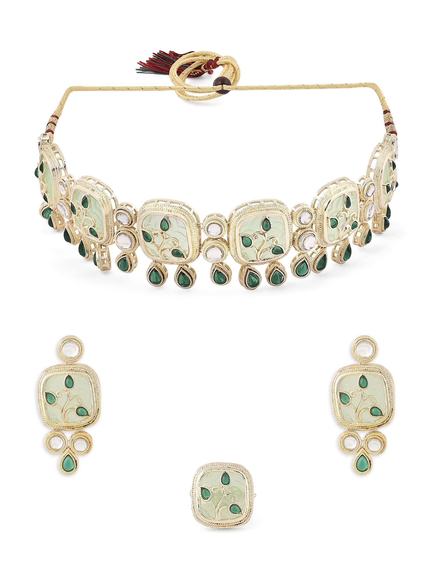 ZAVERI PEARLS Green Kundan & Stones Choker Necklace Earring & Ring Set For Women-ZPFK16661 (B0CKHYS7F7) Amazon Price History, Amazon Price Tracker