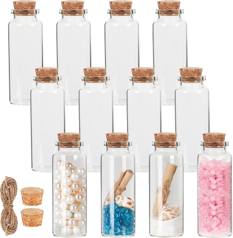 40 ml Small Glass Bottles with Cork, 12 Pack Mini Bottles with Twine & EXTRA Cork Stoppers, Small Vials with Lids, Tiny Glass Bottles, Mini Potion Bottles, Message in a Bottle for Theme Party, Sand