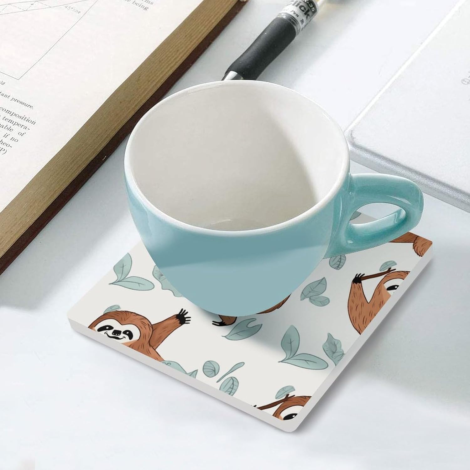 Brown Sloth Coasters Absorbent Ceramic Coasters for Drinks Coaster with Cork Backing for Table Protection Square Drink Cup Mat Modern Style Coaster for Coffee Table
