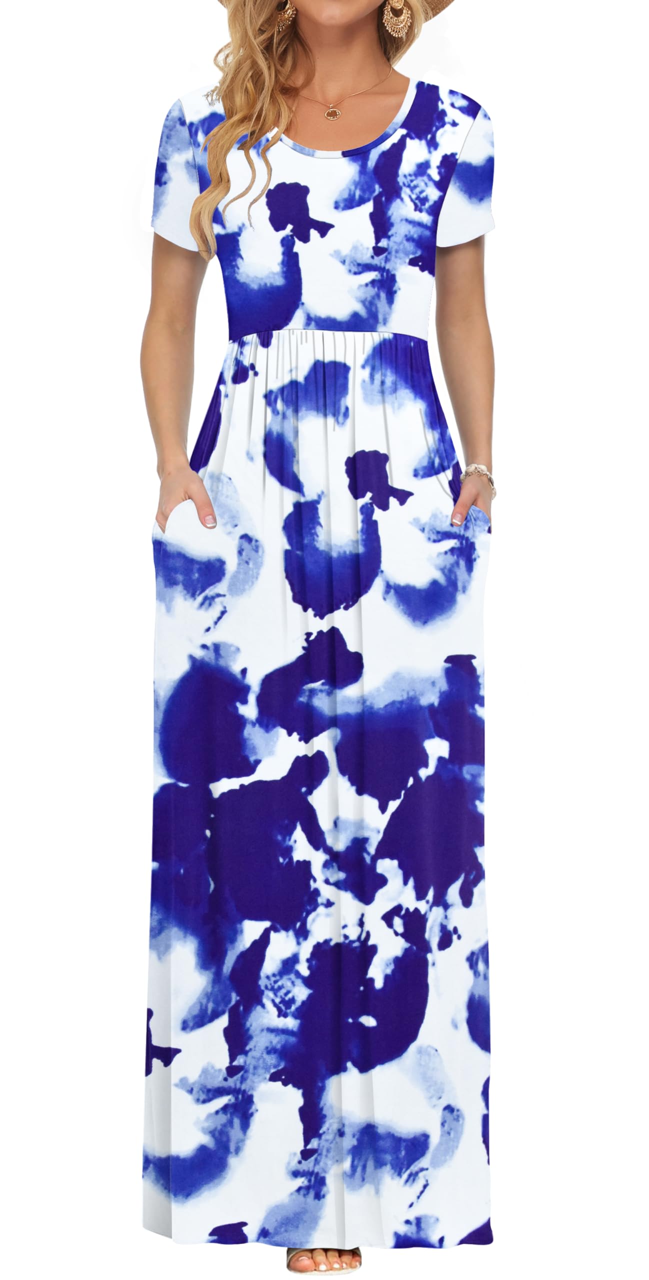 AUSELILY Damen Kurzarm Sommer Casual Long Maxi Kleider mit Taschen