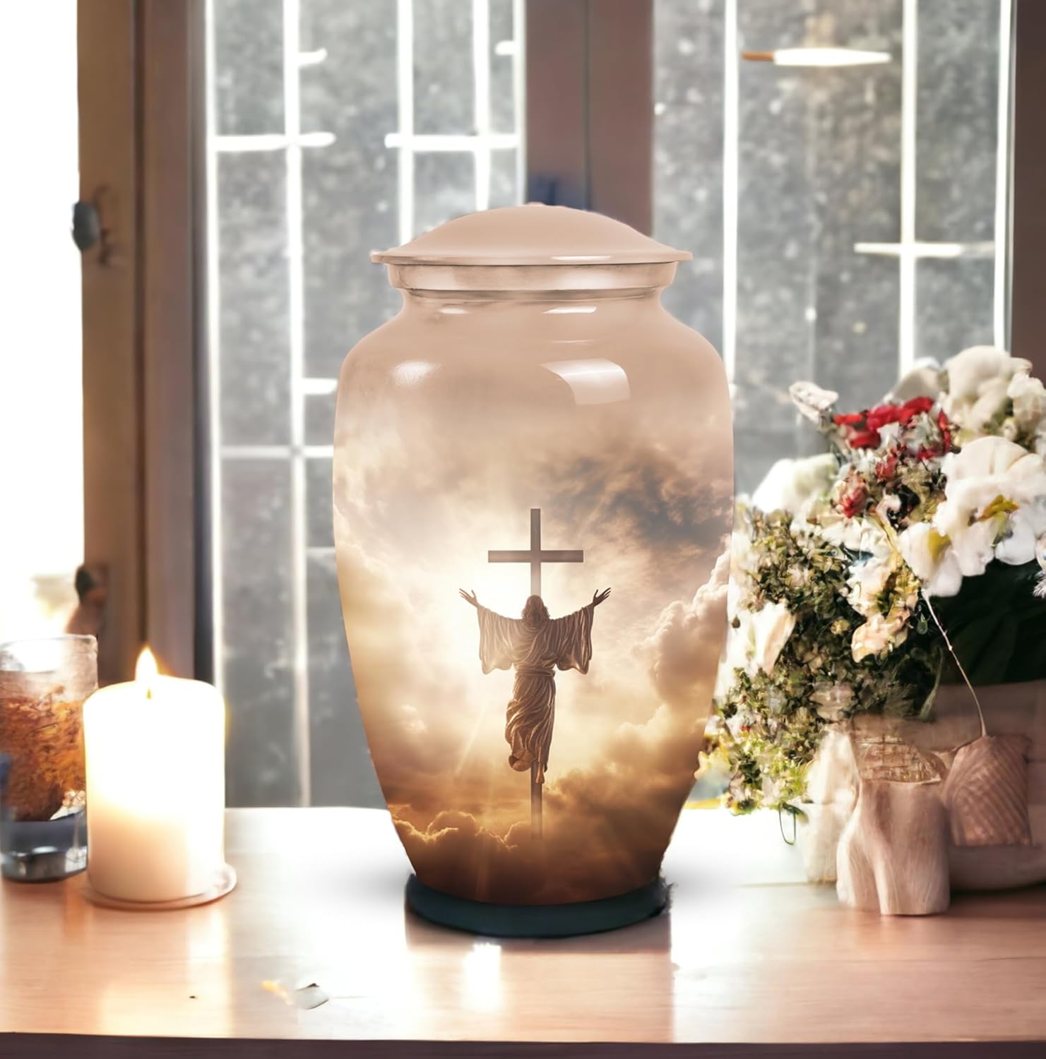 Cremation Jesus Christ in Front of The Cross Urn for Human Ashes - Urns for Adults Men & Women - Cremation Urn Human Ashes - Cremation Urn Human Ashes - Adult Cremation Urn (Size - 10Inch)