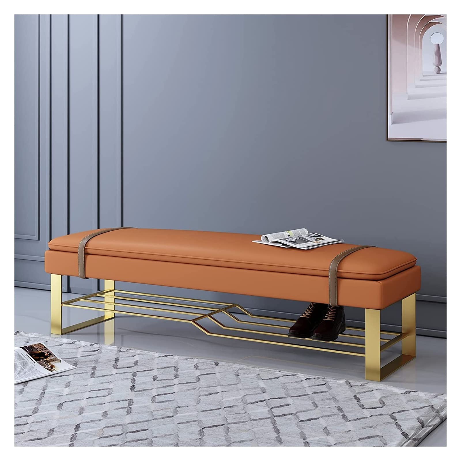Banc à chaussures entrée design moderne en métal et bout de lit chambre confort
