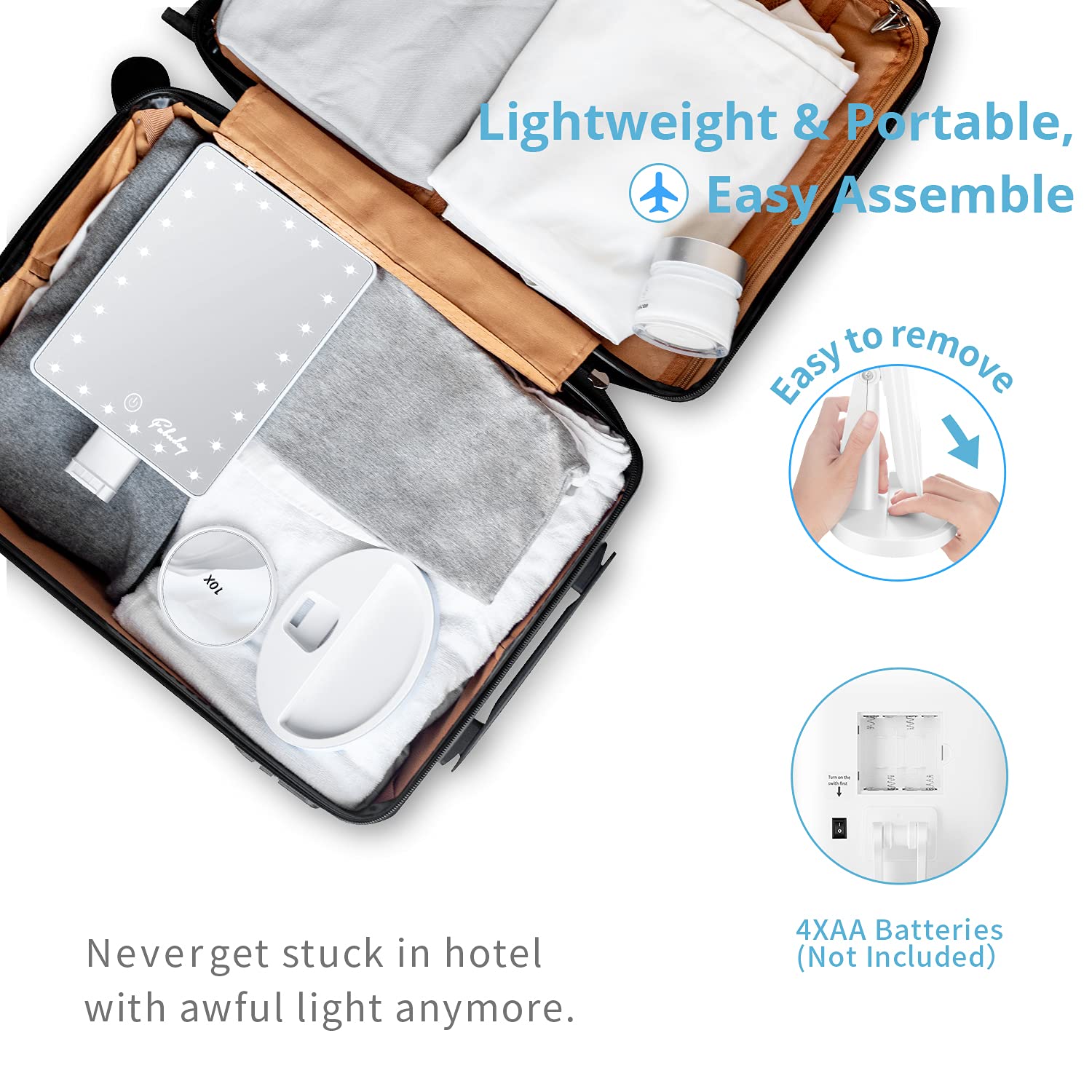 Fabuday Makeup Mirrors with Lights - Fabuady Lighted Makeup Mirror with Detachable 10X Magnification, Light Up Mirror Touch Screen and Light Adjustable, 180° Rotation, Powered by Battery, White : Beauty & Personal Care