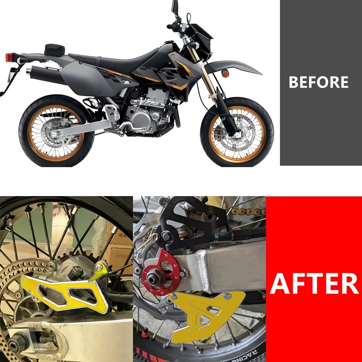 DRZ400SM Rear Brake Disc Guard and Rear Caliper Guard Compatible with DR-Z 400SM 2005-2024 3D CNC Dirt Bike Motorcycle Chain Protector (Gold)